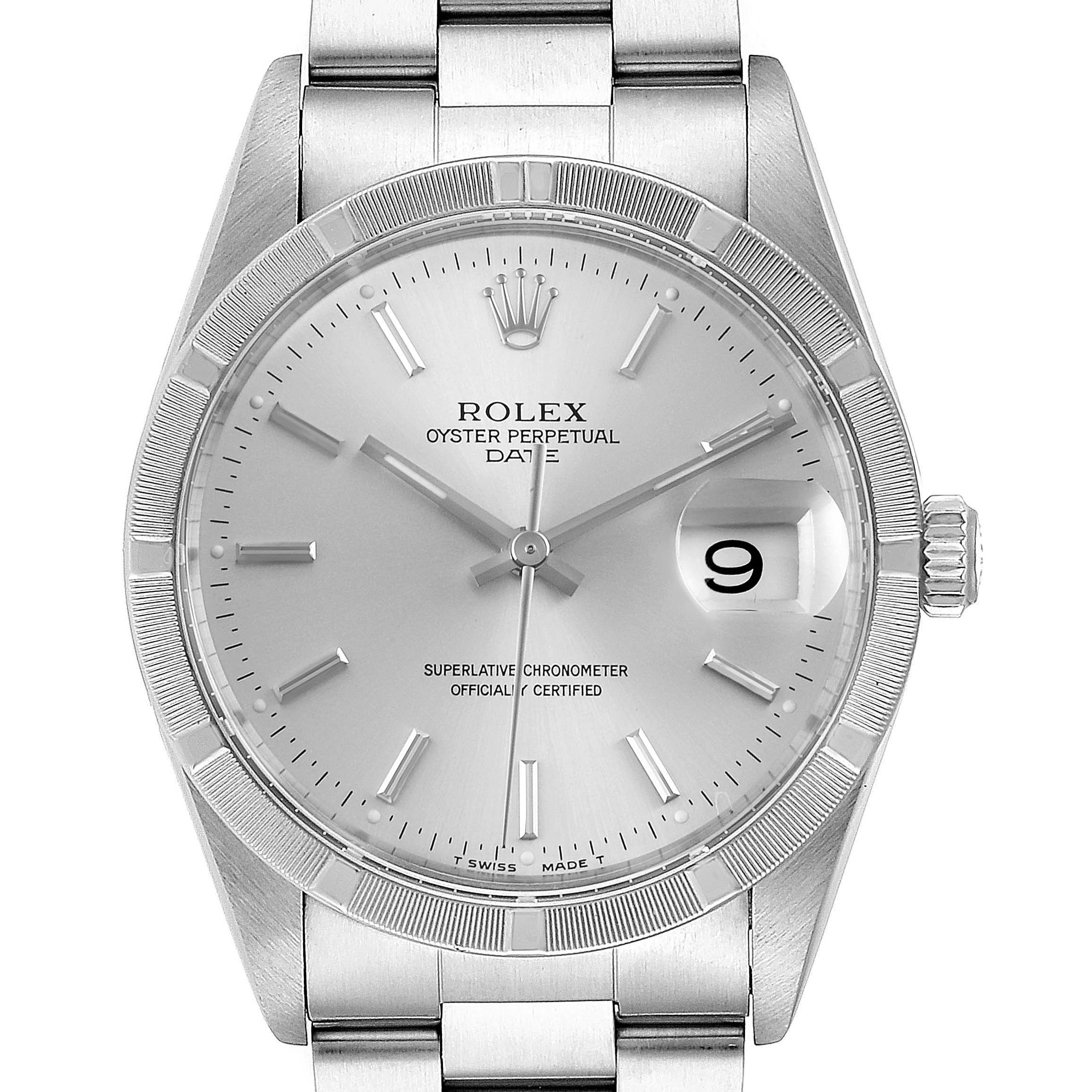 This image shows a front view of a Rolex Oyster Perpetual Date watch.