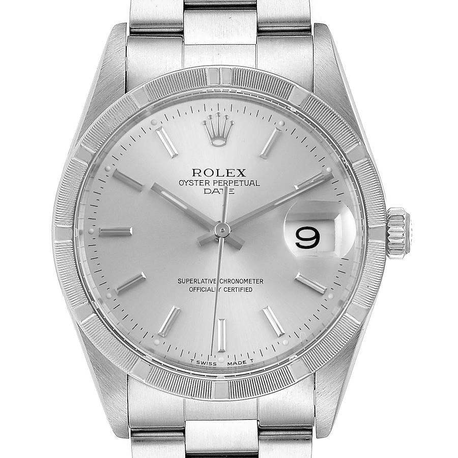 Rolex Date Silver Dial Oyster Bracelet Steel Mens Watch 15210 Box Papers SwissWatchExpo