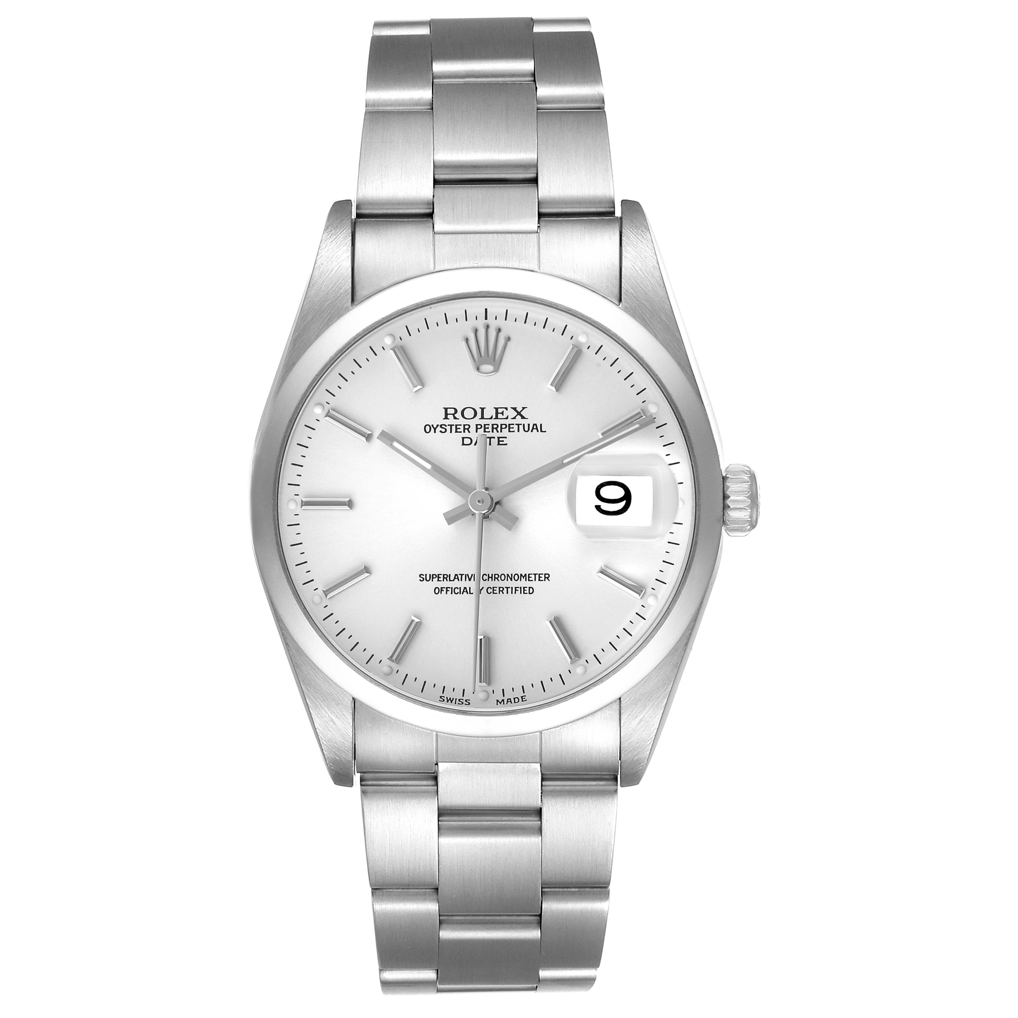 The Rolex Date 15200 Men's Stainless Steel Silver Dial model is shown from a top-down angle, displaying its face, bezel, crown, and bracelet.