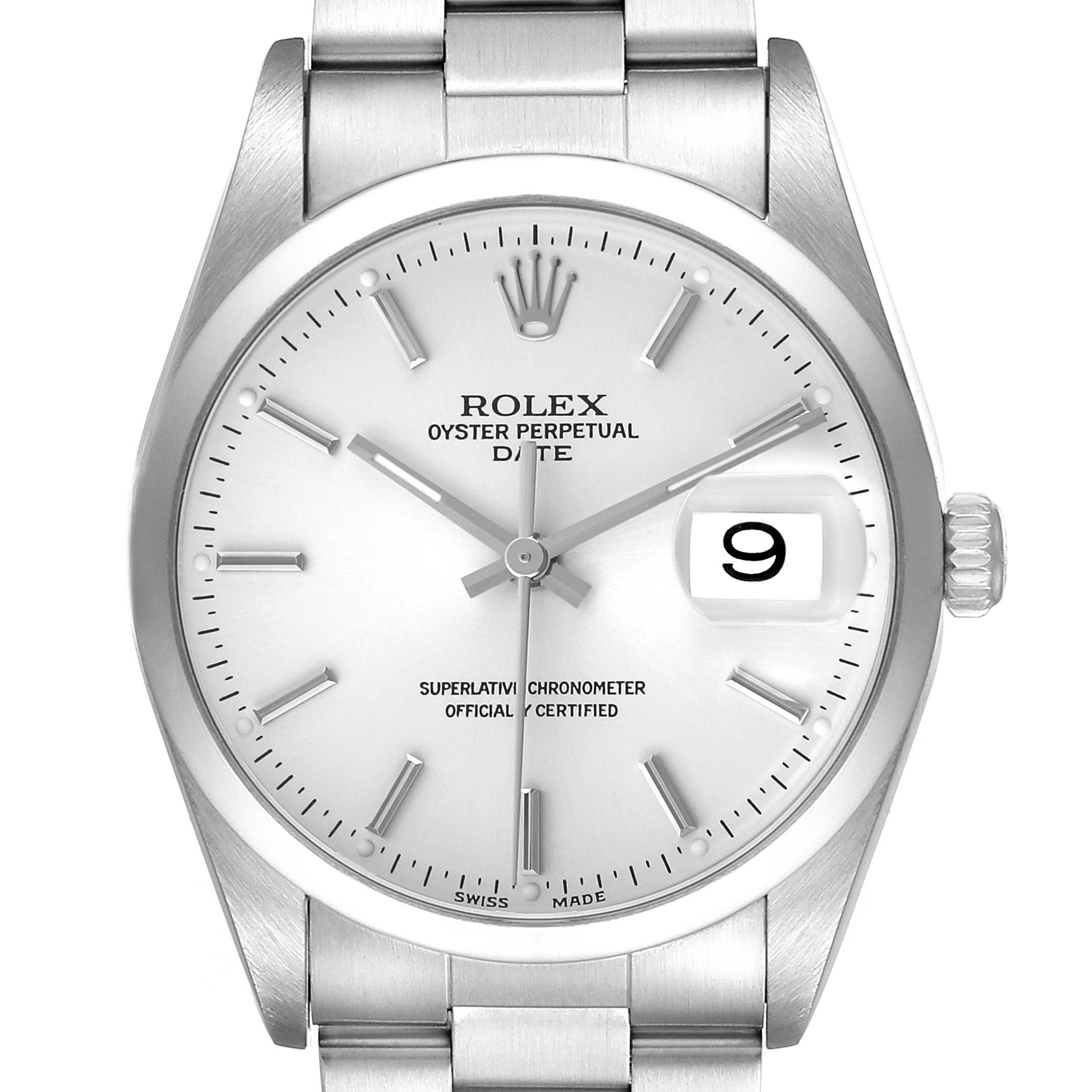 The Rolex Date 15200 Men's Stainless Steel Silver Dial watch is shown from a front angle, highlighting the dial, hands, date window, and part of the bracelet.