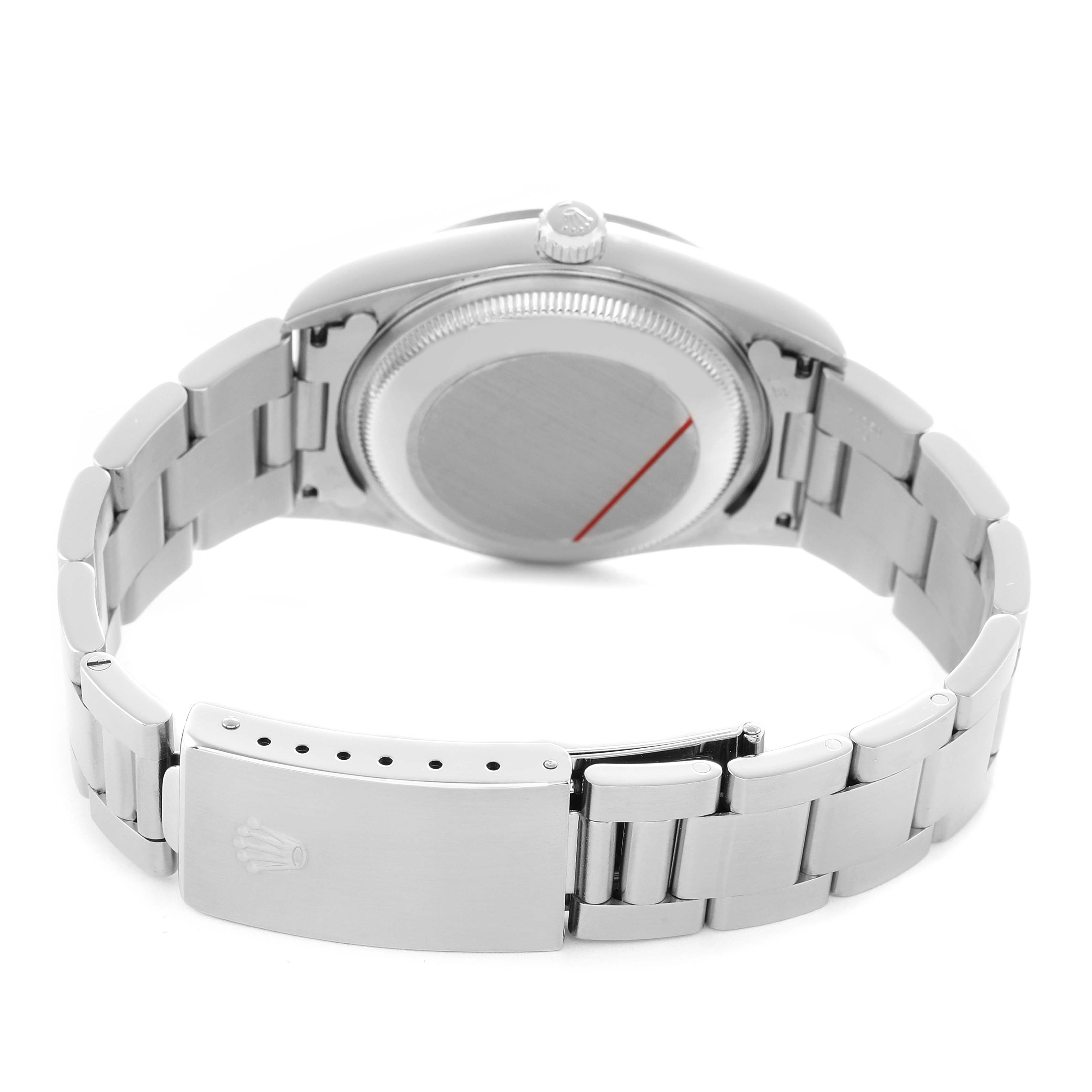 The image shows a Rolex Date 15200 Men's Stainless Steel Silver Dial model watch from the back, highlighting the case back, bracelet, clasp, and crown.