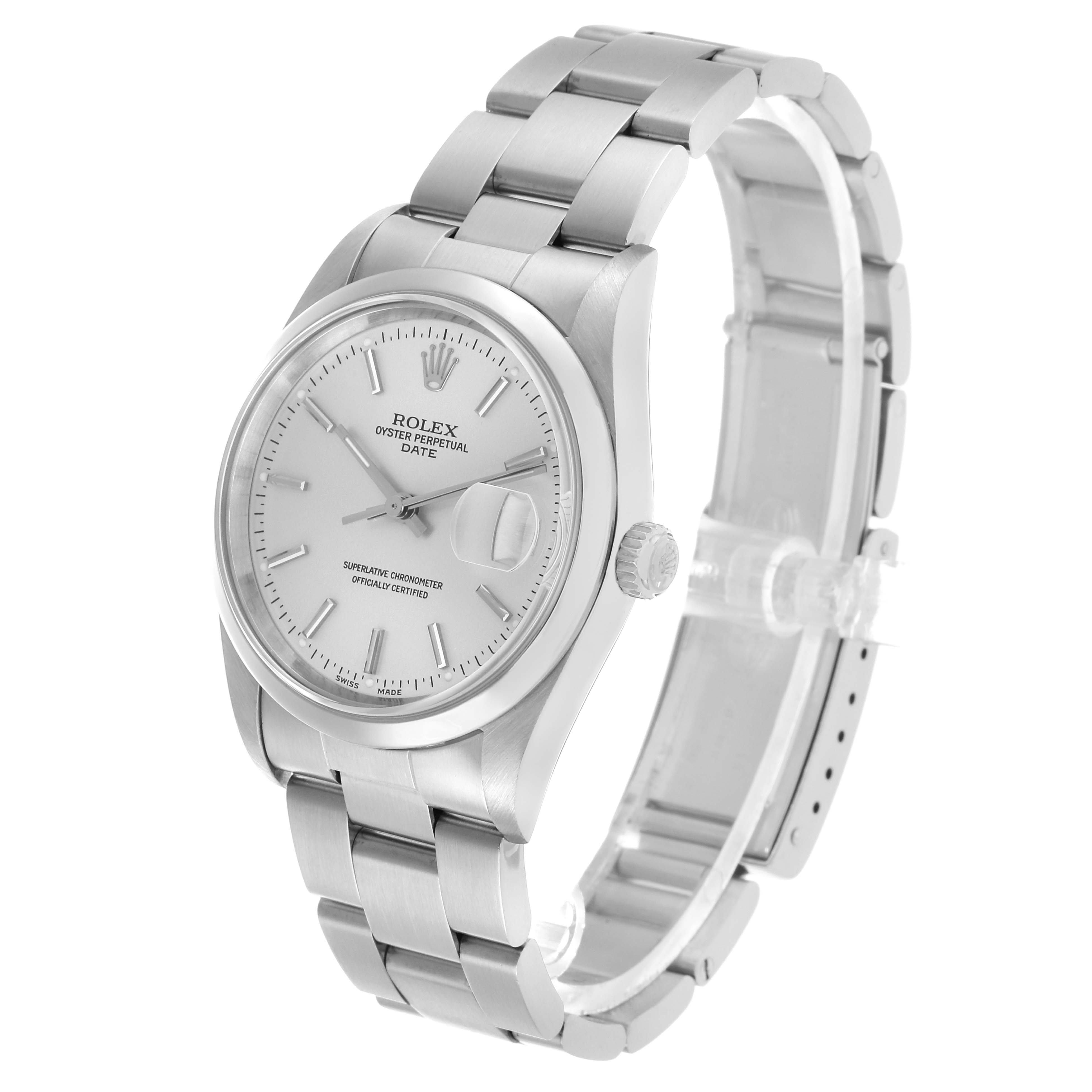 The Rolex Date 15200 Men's Stainless Steel Silver Dial model watch is shown at a three-quarter angle, displaying the face, case, crown, and bracelet.