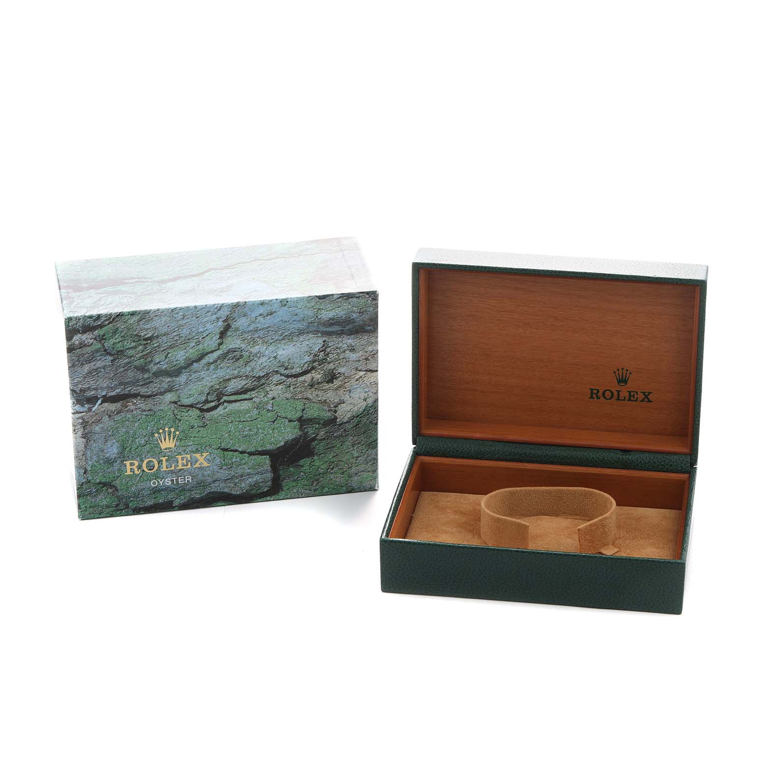 The image shows a Rolex Date 15200 Men's Stainless Steel Silver Dial model's packaging, including an outer box and an open display case.