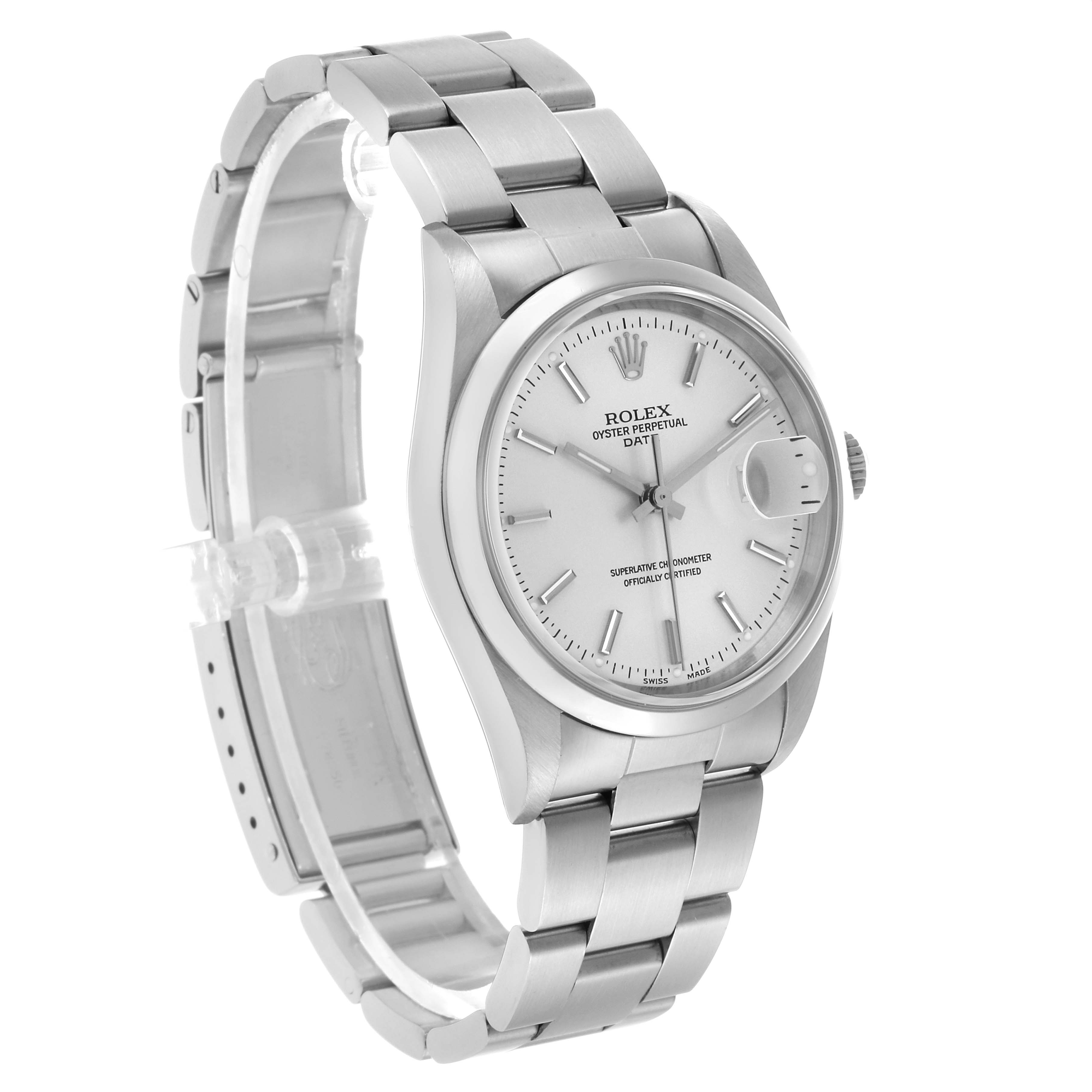 The Rolex Date 15200 Men's Stainless Steel Silver Dial model is shown at a three-quarter angle, highlighting the face, bezel, crown, bracelet, and clasp.