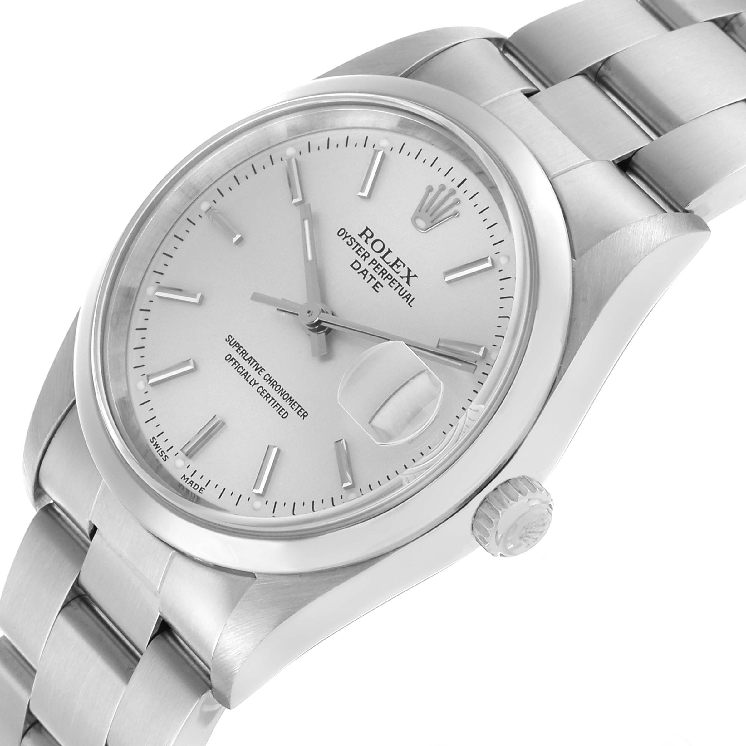 This Rolex Date 15200 Men's Stainless Steel Silver Dial model watch is shown at a three-quarter angle, highlighting the dial, hands, crown, and part of the bracelet.