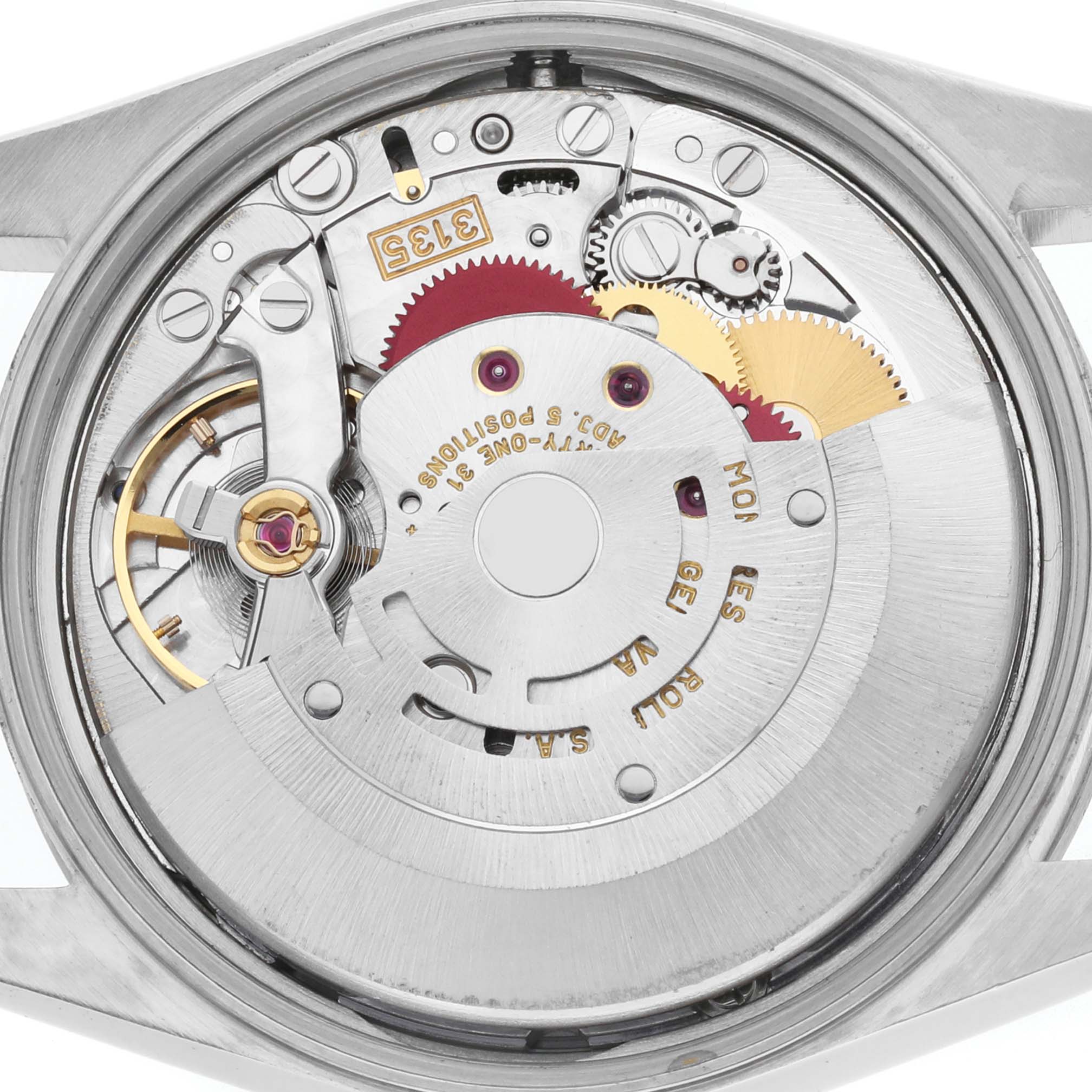 The image shows a Rolex Date 15200 Men's Stainless Steel Silver Dial watch movement from the back, highlighting components like gears and the oscillating weight.