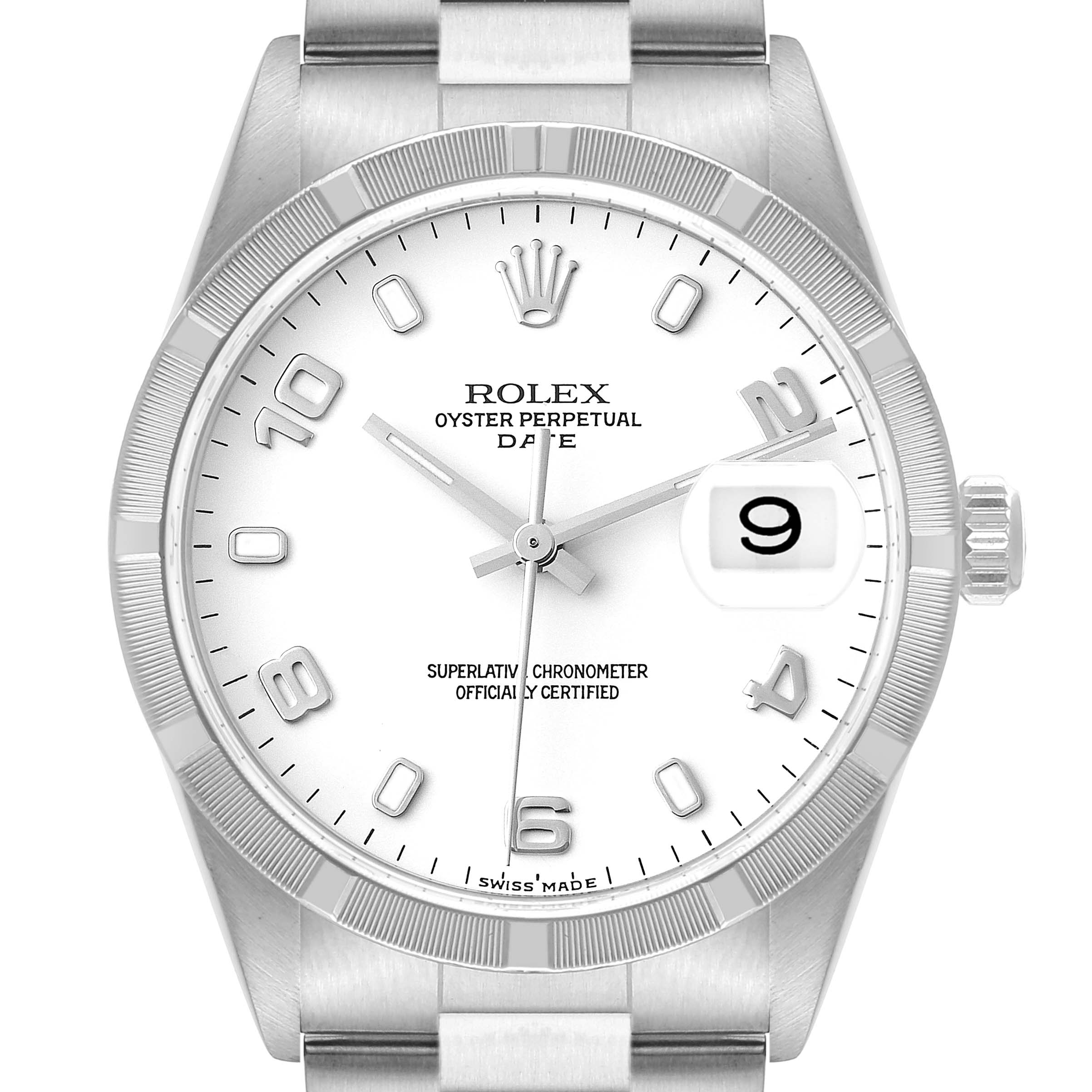 The image shows a front view of a Rolex Date 15210 Men's Stainless Steel White Dial 15210 Men's Stainless Steel White Dial model, featuring its dial, bezel, hands, crown, and part of the bracelet.