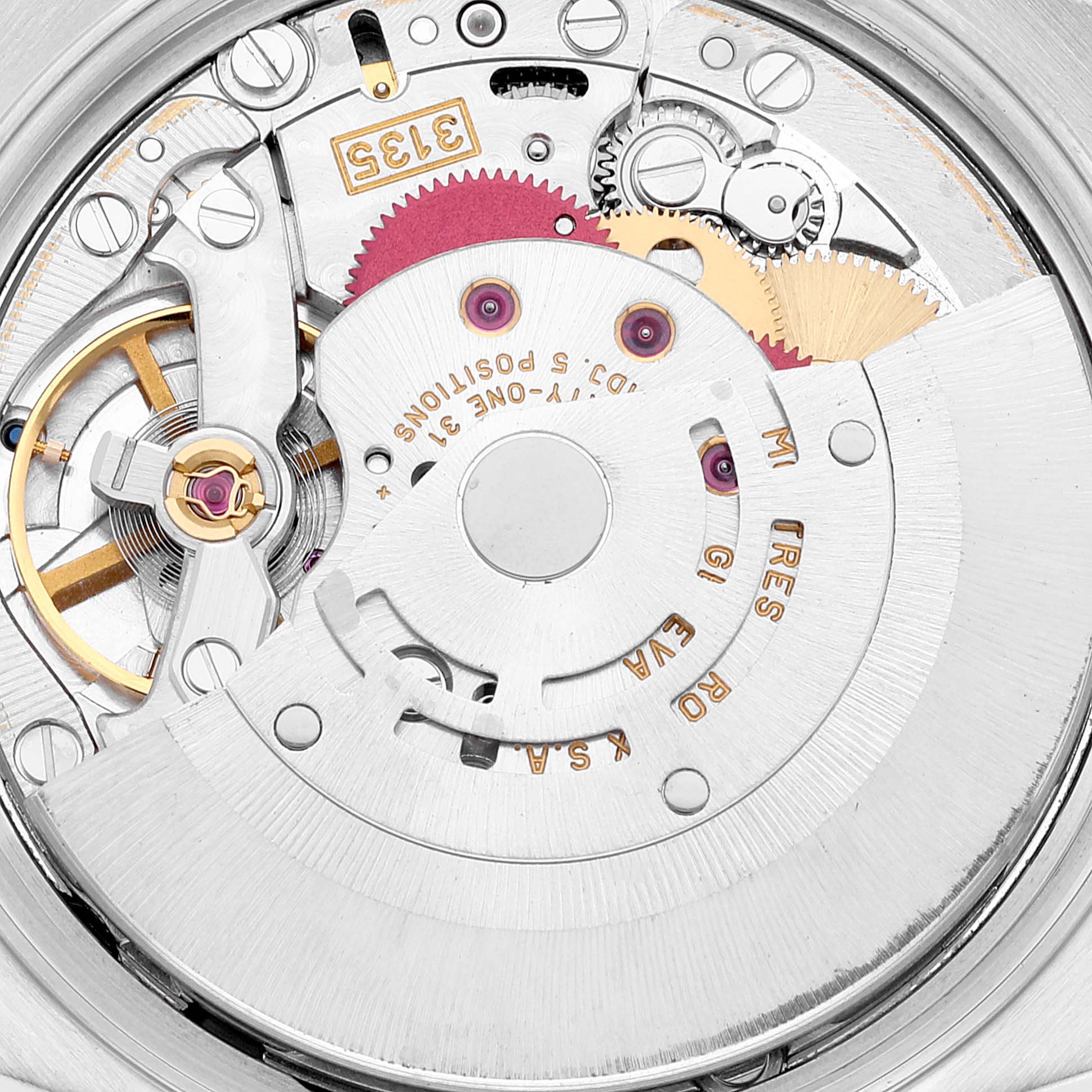 This image shows the intricate inner mechanism of the Rolex Date 15210 Men's Stainless Steel White Dial 15210 Men's Stainless Steel White Dial model watch from an angled view of the watch's movement.