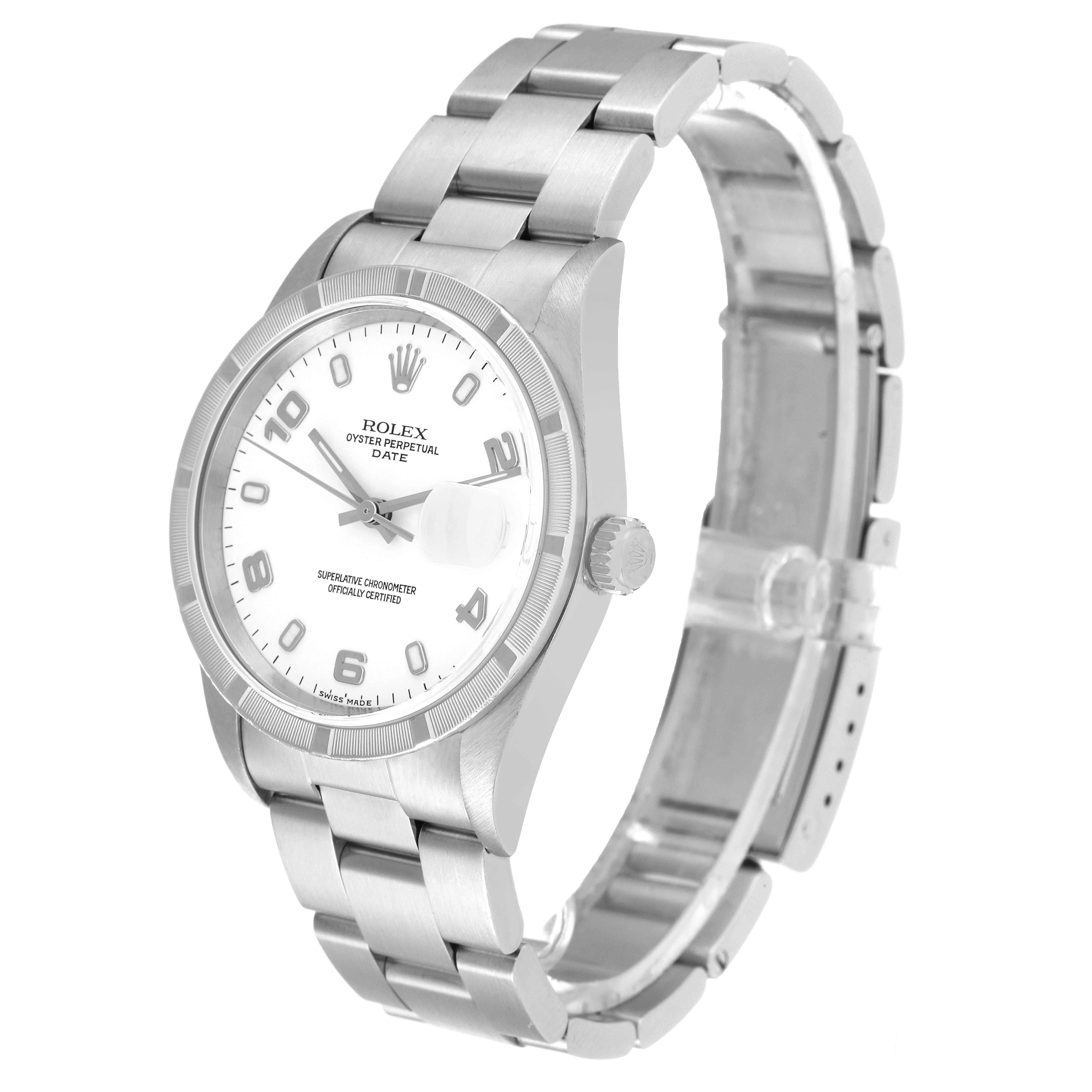 The image shows a Rolex Date 15210 Men's Stainless Steel White Dial 15210 Men's Stainless Steel White Dial model watch at a three-quarter angle, highlighting the face, bezel, crown, and bracelet.