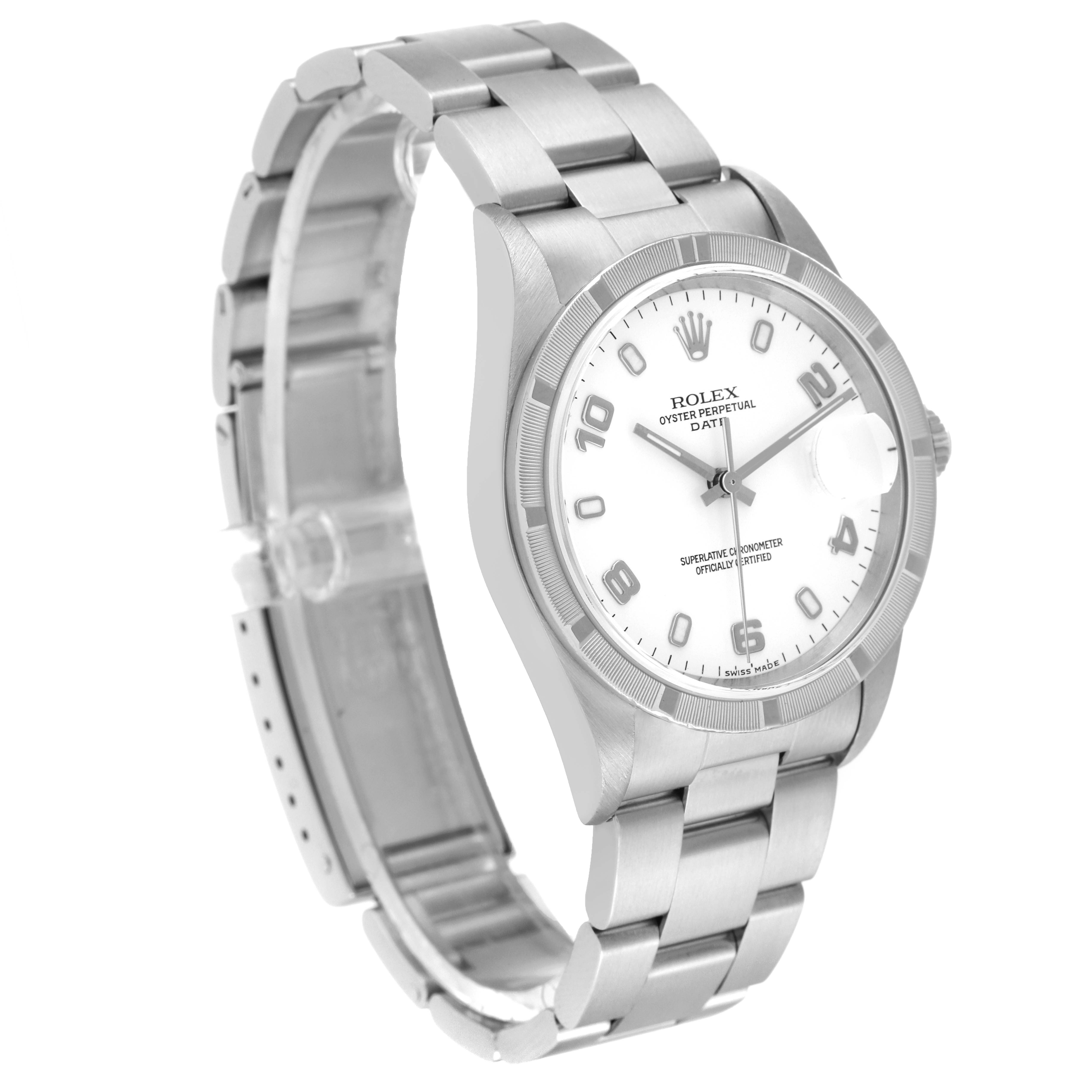 The image shows a Rolex Date 15210 Men's Stainless Steel White Dial 15210 Men's Stainless Steel White Dial model watch angled to display its bracelet, case, dial, and bezel.