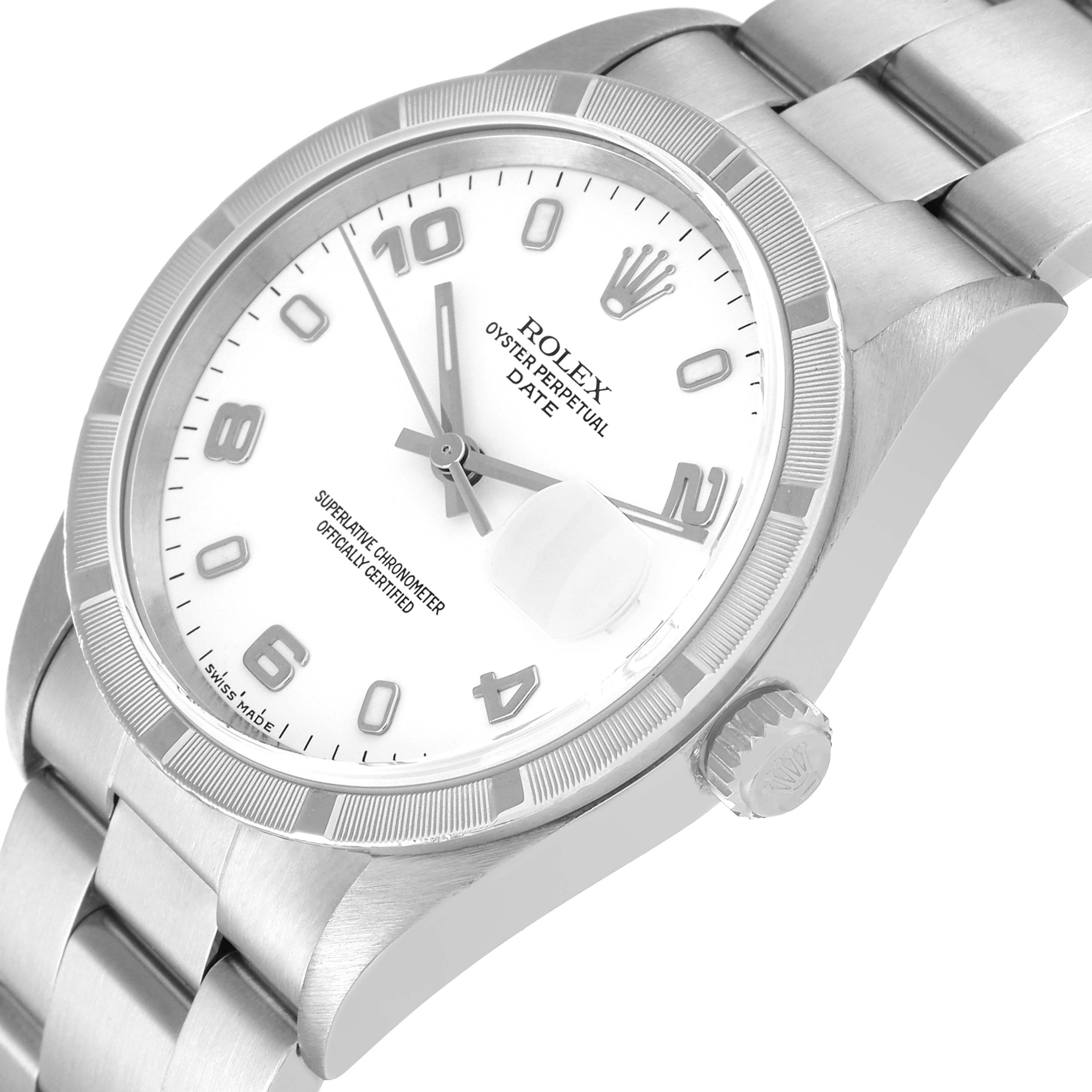 The image shows a Rolex Date 15210 Men's Stainless Steel White Dial 15210 Men's Stainless Steel White Dial model watch from an angled front and side view, highlighting the dial, bezel, and part of the bracelet.
