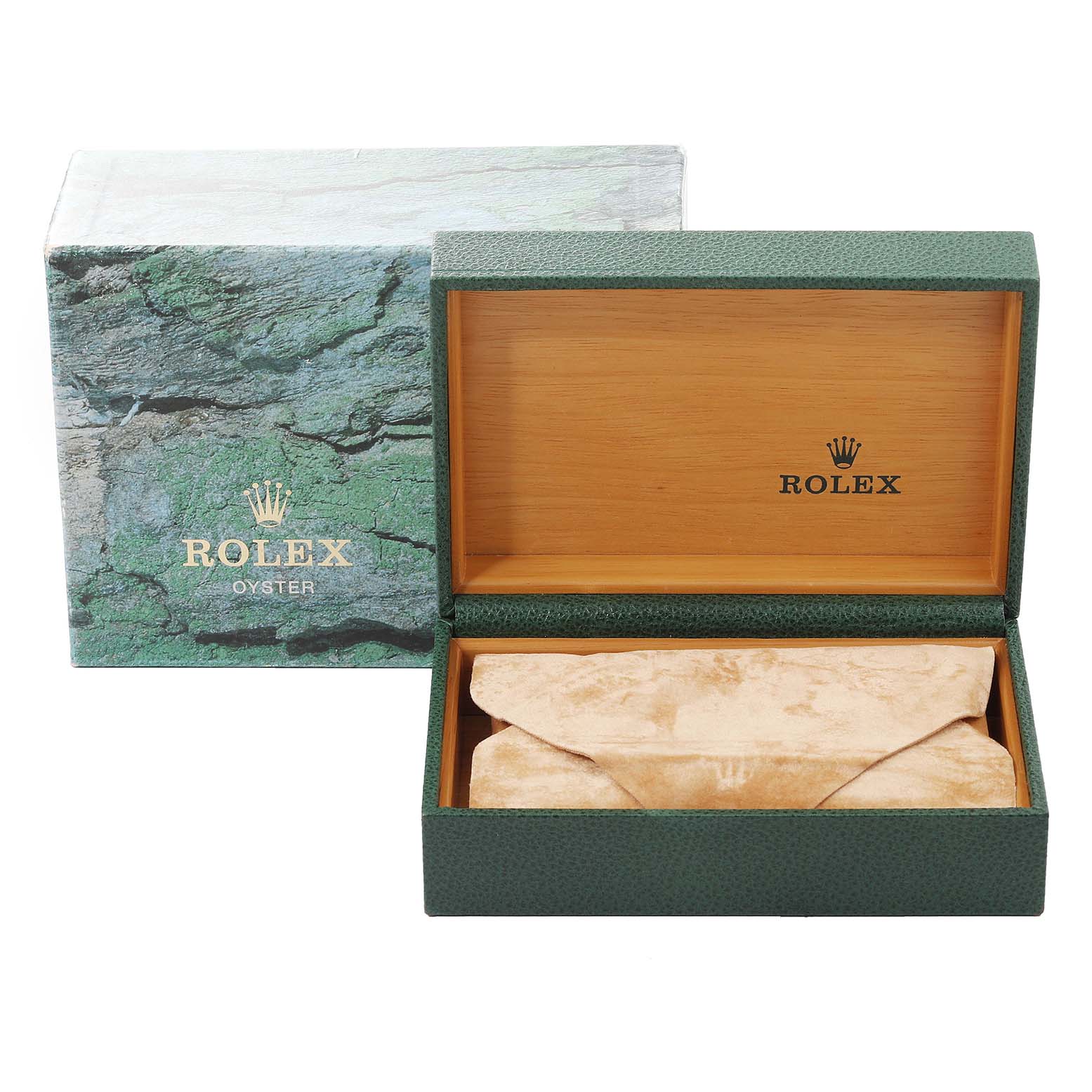 The image shows the open presentation box for a Rolex Date 15210 Men's Stainless Steel White Dial 15210 Men's Stainless Steel White Dial model watch, including its packaging and cushion.