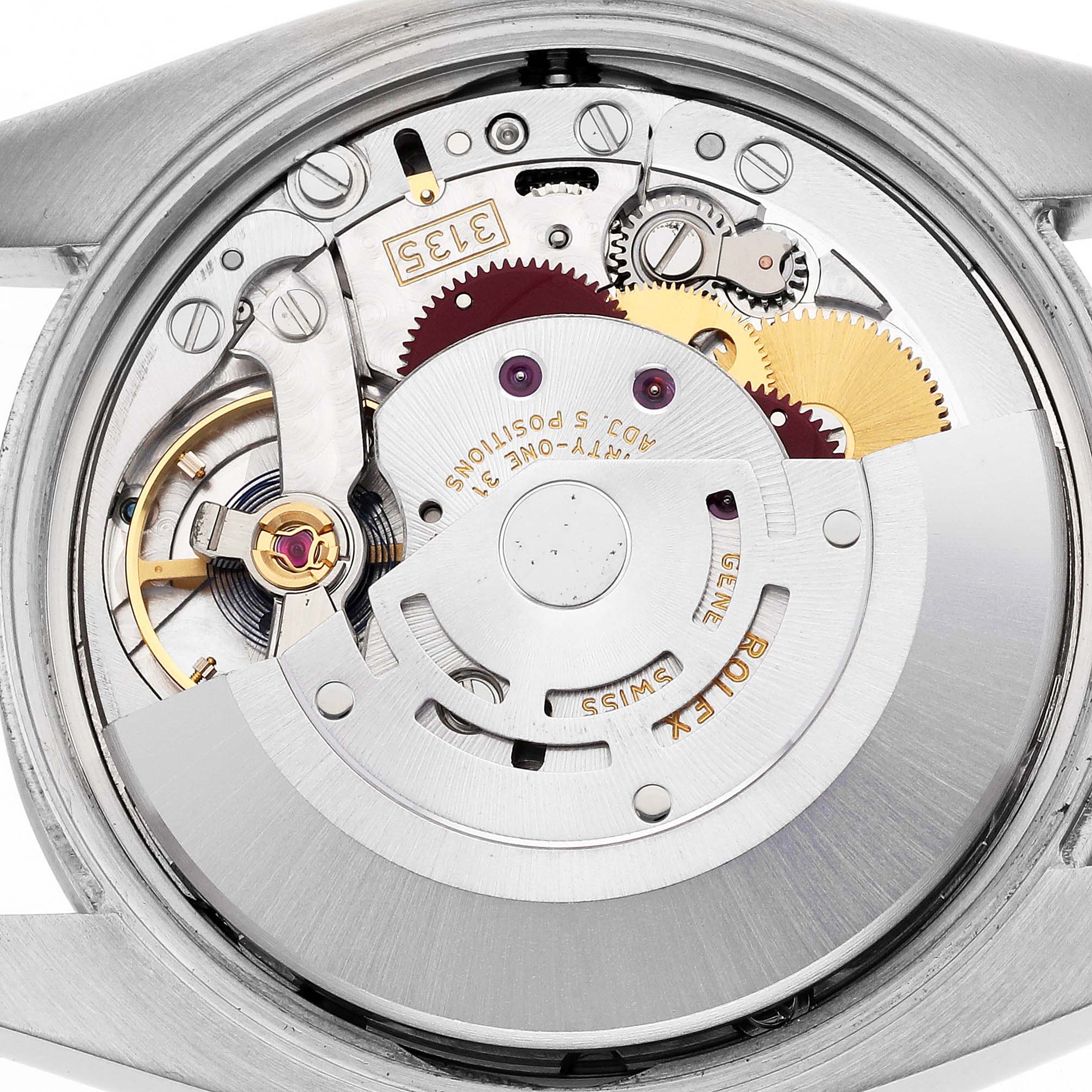 The image shows the back view of the Rolex Date 115200 Men's Stainless Steel White Dial model, revealing its intricate movement components.
