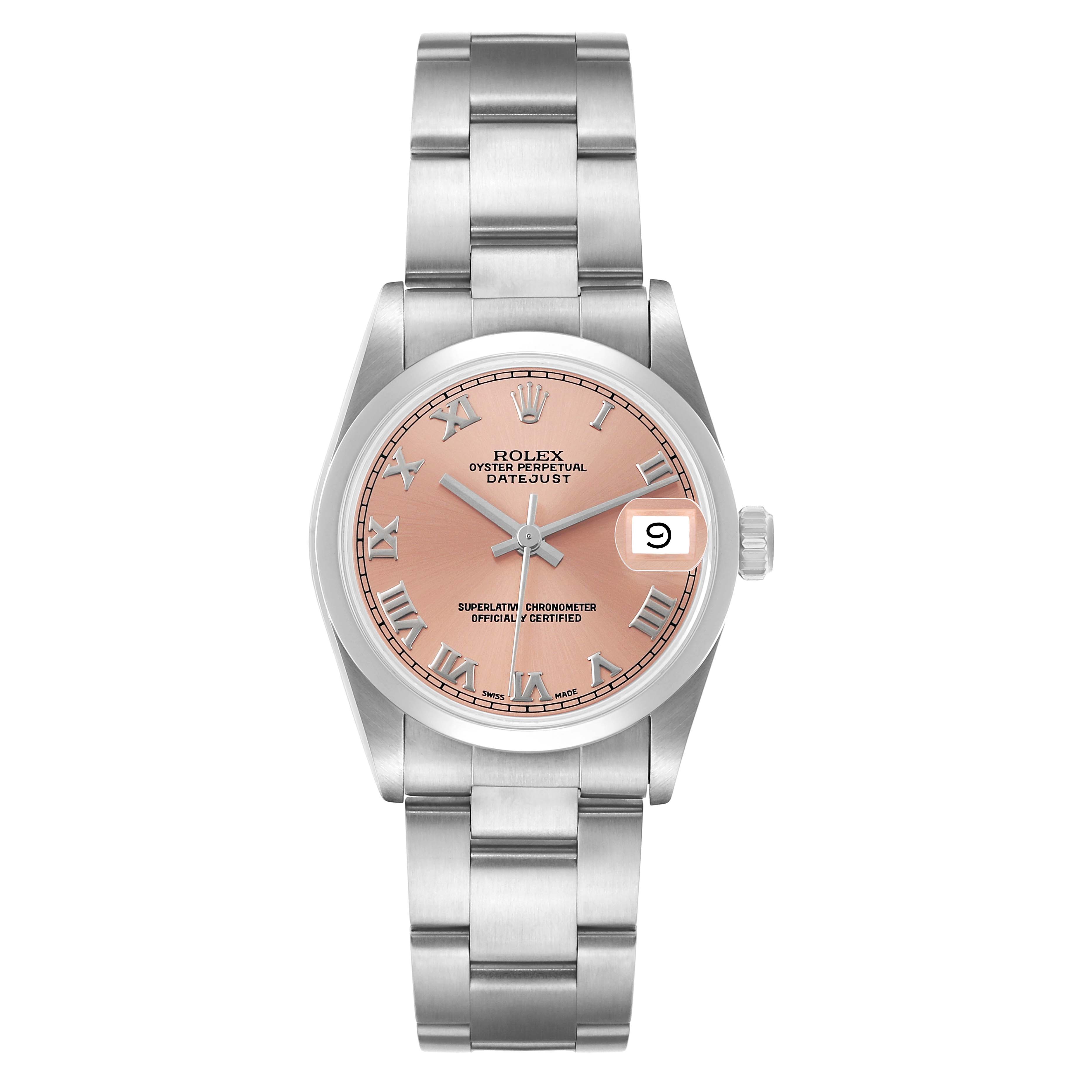 The Rolex Mid-Size 68240 Women's Stainless Steel Pink Dial watch is shown from a front angle, displaying the bracelet, dial, and crown.