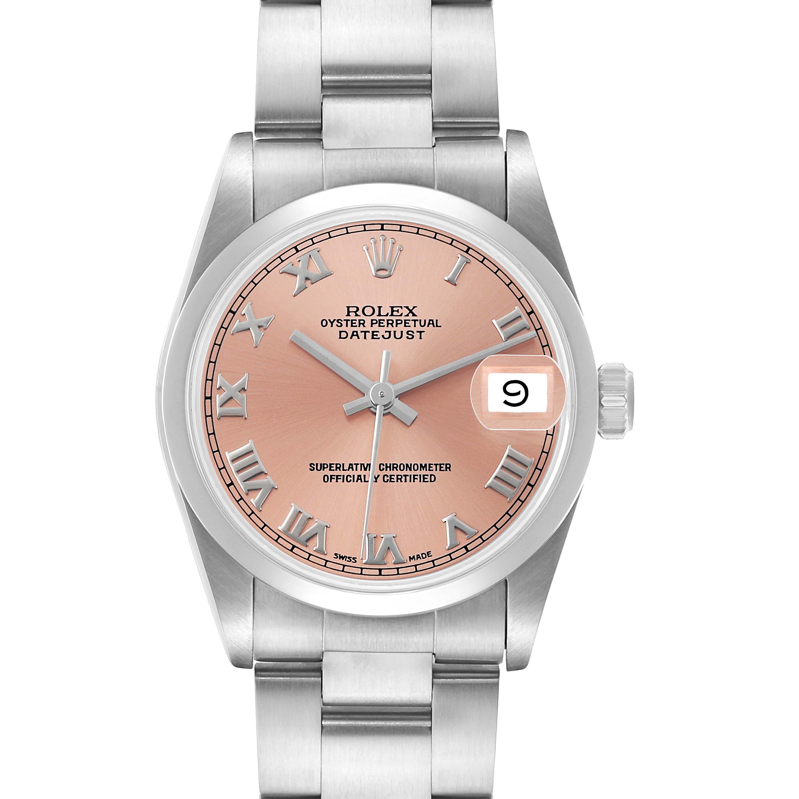 The Rolex Mid-Size 68240 Women's Stainless Steel Pink Dial Datejust is shown from a top-down angle, displaying the dial, bezel, bracelet, and crown.