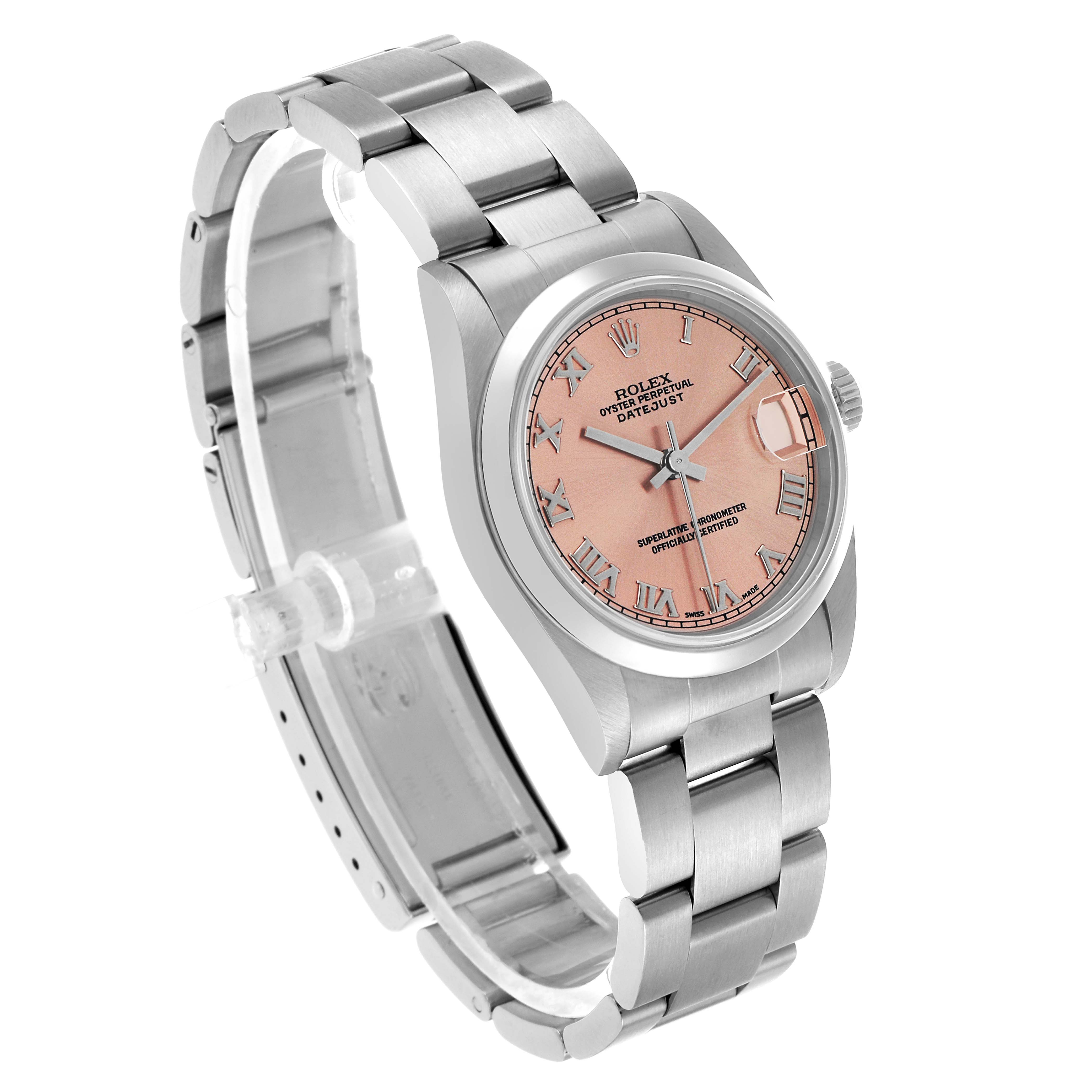 The Rolex Mid-Size 68240 Women's Stainless Steel Pink Dial Datejust watch is shown at a three-quarter angle, highlighting the face, bezel, and bracelet.