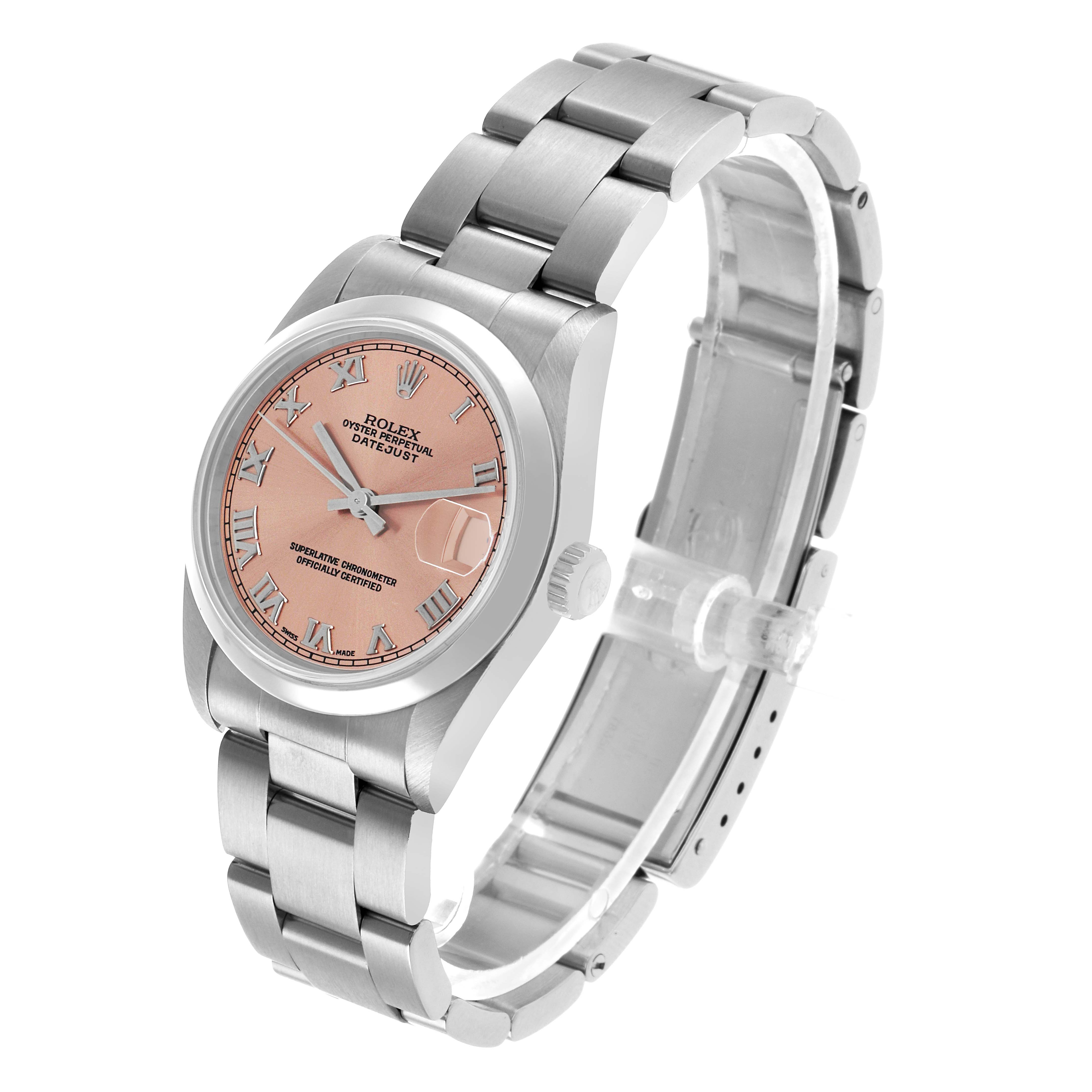 The Rolex Mid-Size 68240 Women's Stainless Steel Pink Dial watch is shown at a three-quarter angle, highlighting the dial, bezel, crown, and bracelet.