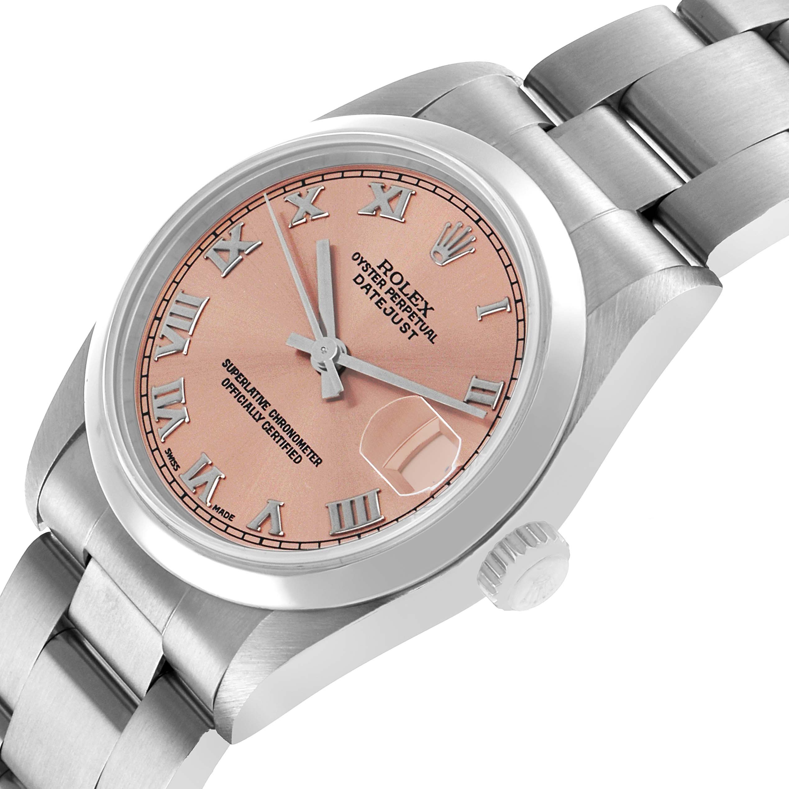 The image shows a Rolex Datejust Mid-Size watch at an angled view, displaying the dial, bezel, crown, and part of the bracelet.