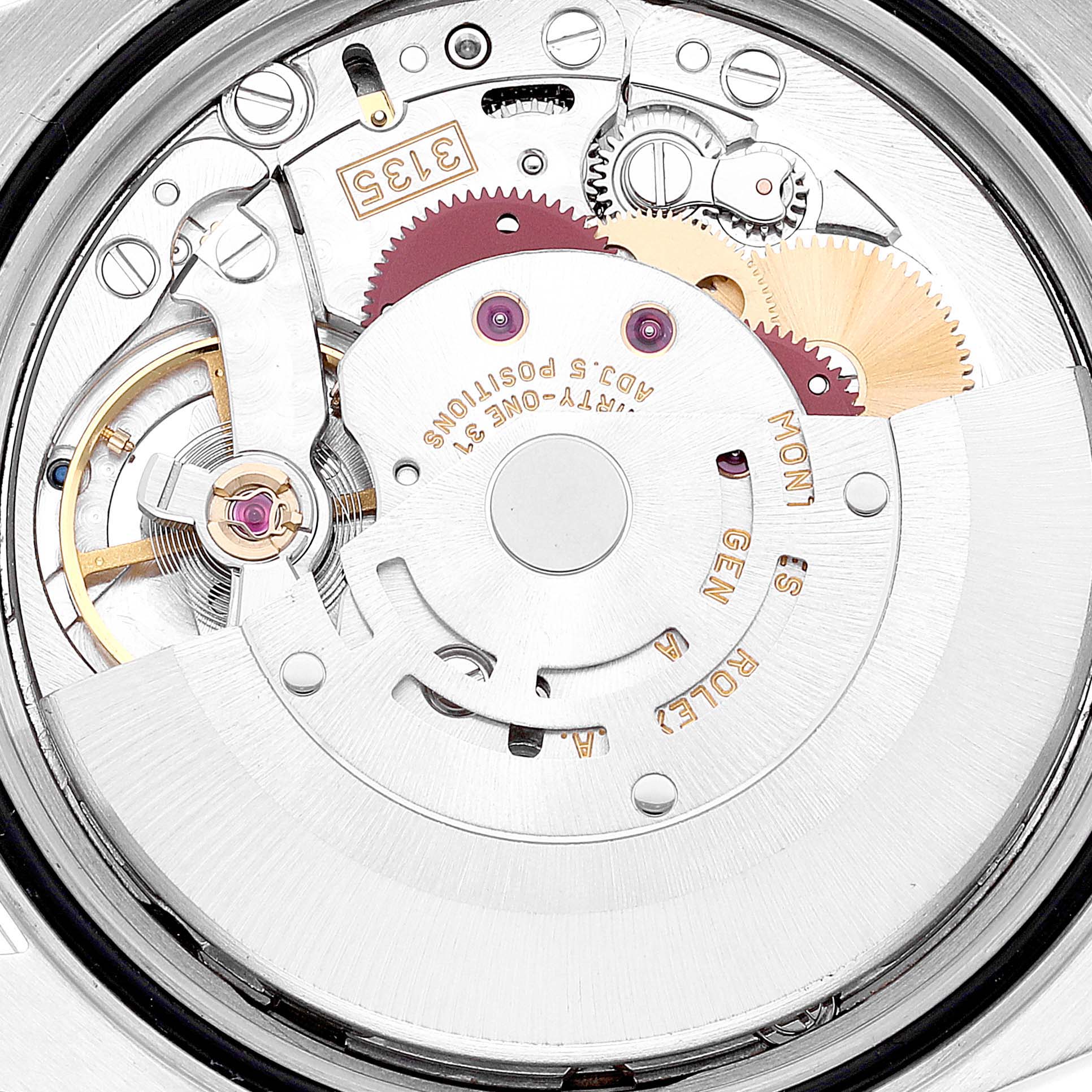 This image shows a close-up view of the internal mechanism of the Rolex Datejust 16234 Men's Stainless Steel Pink Dial 16234 Men's Stainless Steel Pink Dial watch model.