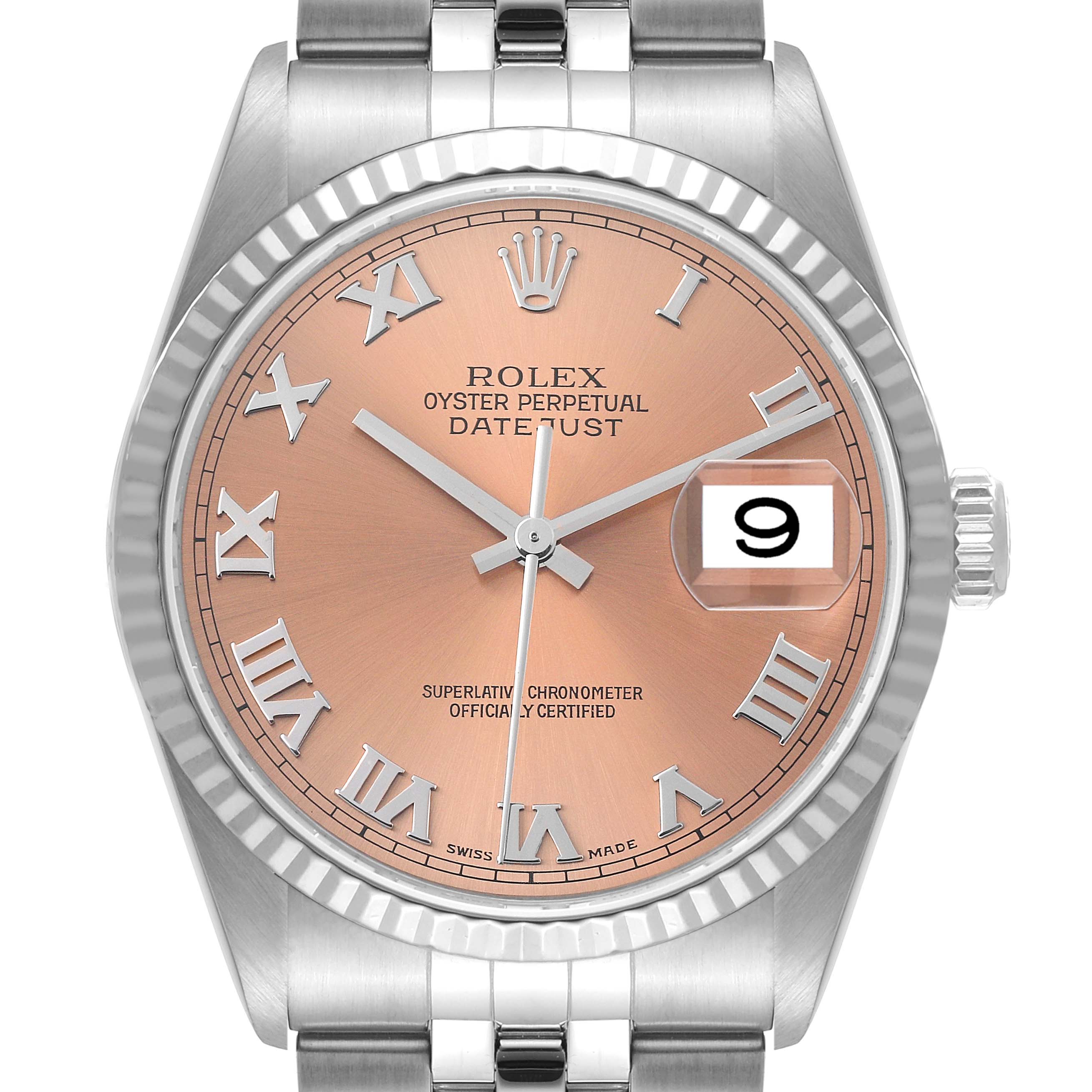 This is a frontal view of the Rolex Datejust 16234 Men's Stainless Steel Pink Dial 16234 Men's Stainless Steel Pink Dial watch, showing the dial, bezel, crown, and part of the bracelet.