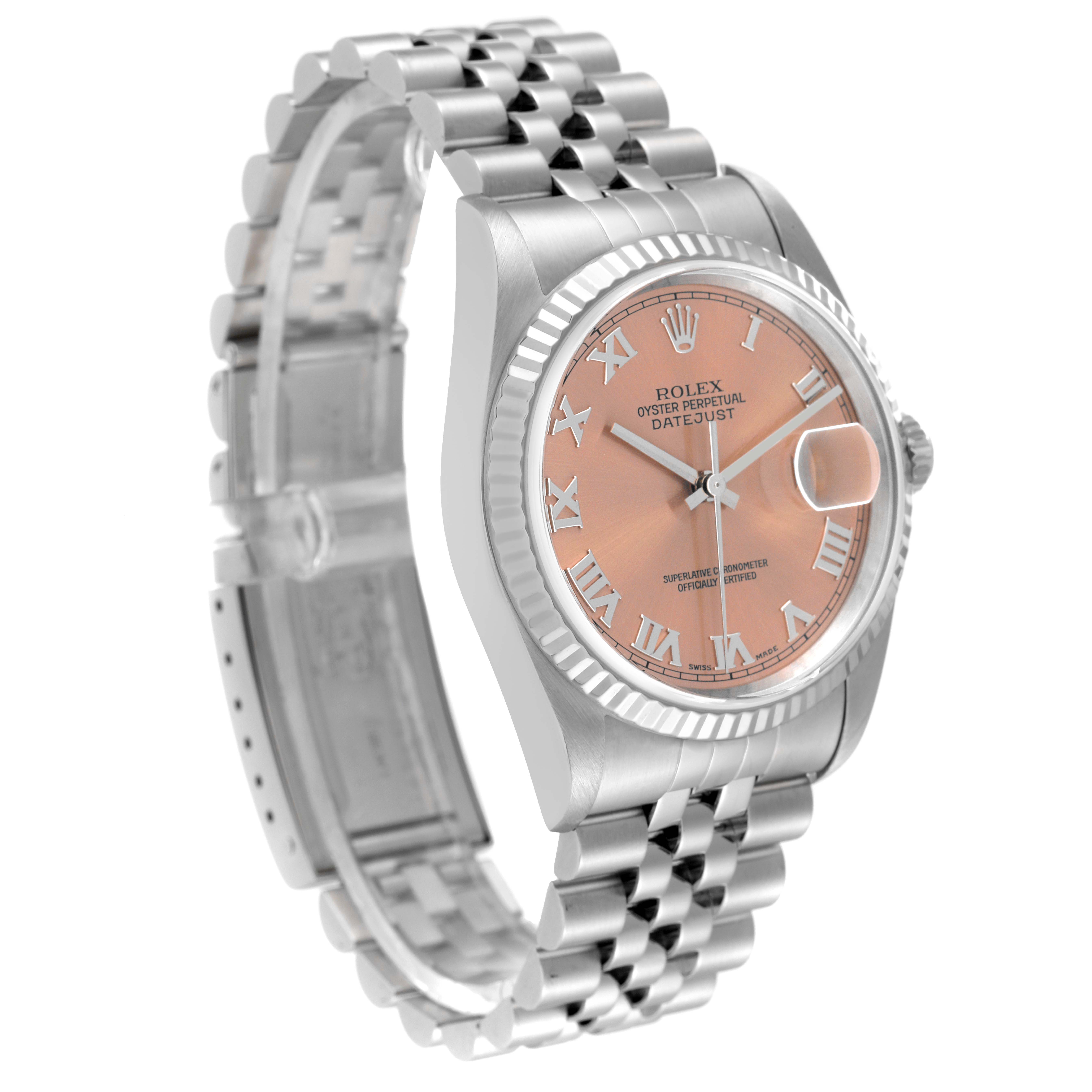 The image shows a Rolex Datejust 16234 Men's Stainless Steel Pink Dial 16234 Men's Stainless Steel Pink Dial watch angled slightly from the left, displaying its face, fluted bezel, and Jubilee bracelet.