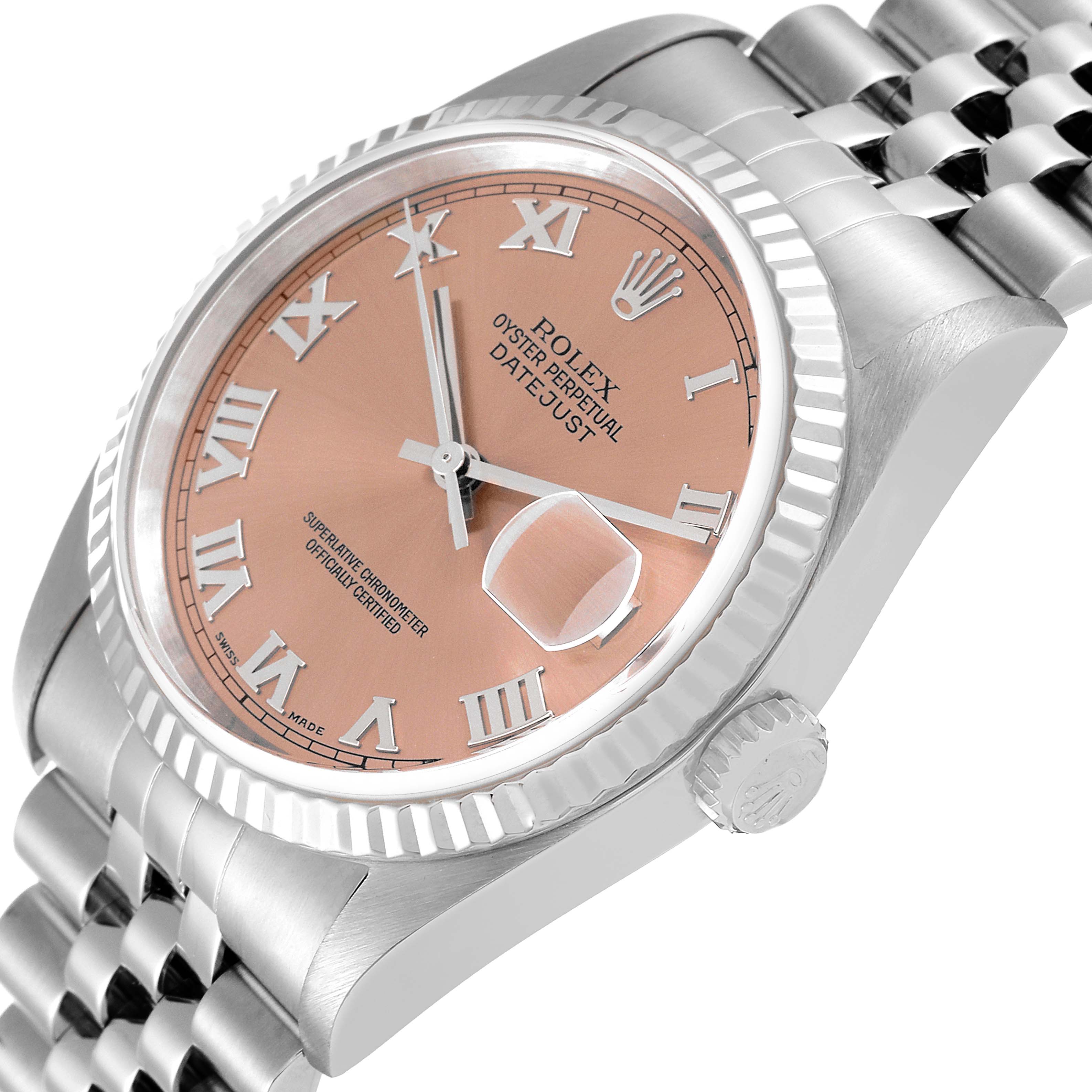 This image shows the Rolex Datejust 16234 Men's Stainless Steel Pink Dial 16234 Men's Stainless Steel Pink Dial watch from a slightly angled perspective, highlighting its dial, bezel, crown, and part of the bracelet.