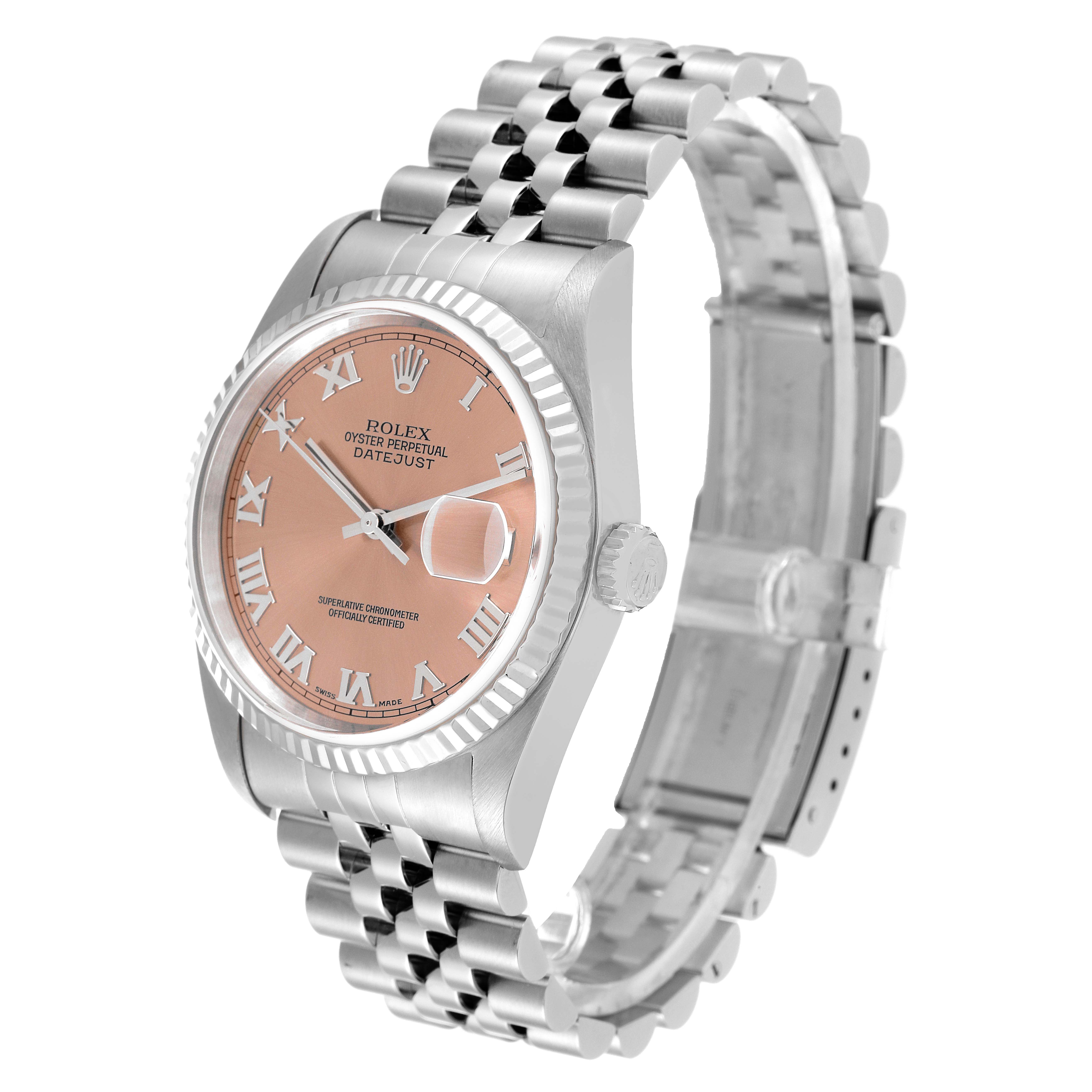 The Rolex Datejust 16234 Men's Stainless Steel Pink Dial 16234 Men's Stainless Steel Pink Dial watch is shown at an angle showcasing the pink dial, Roman numerals, fluted bezel, and Jubilee bracelet.