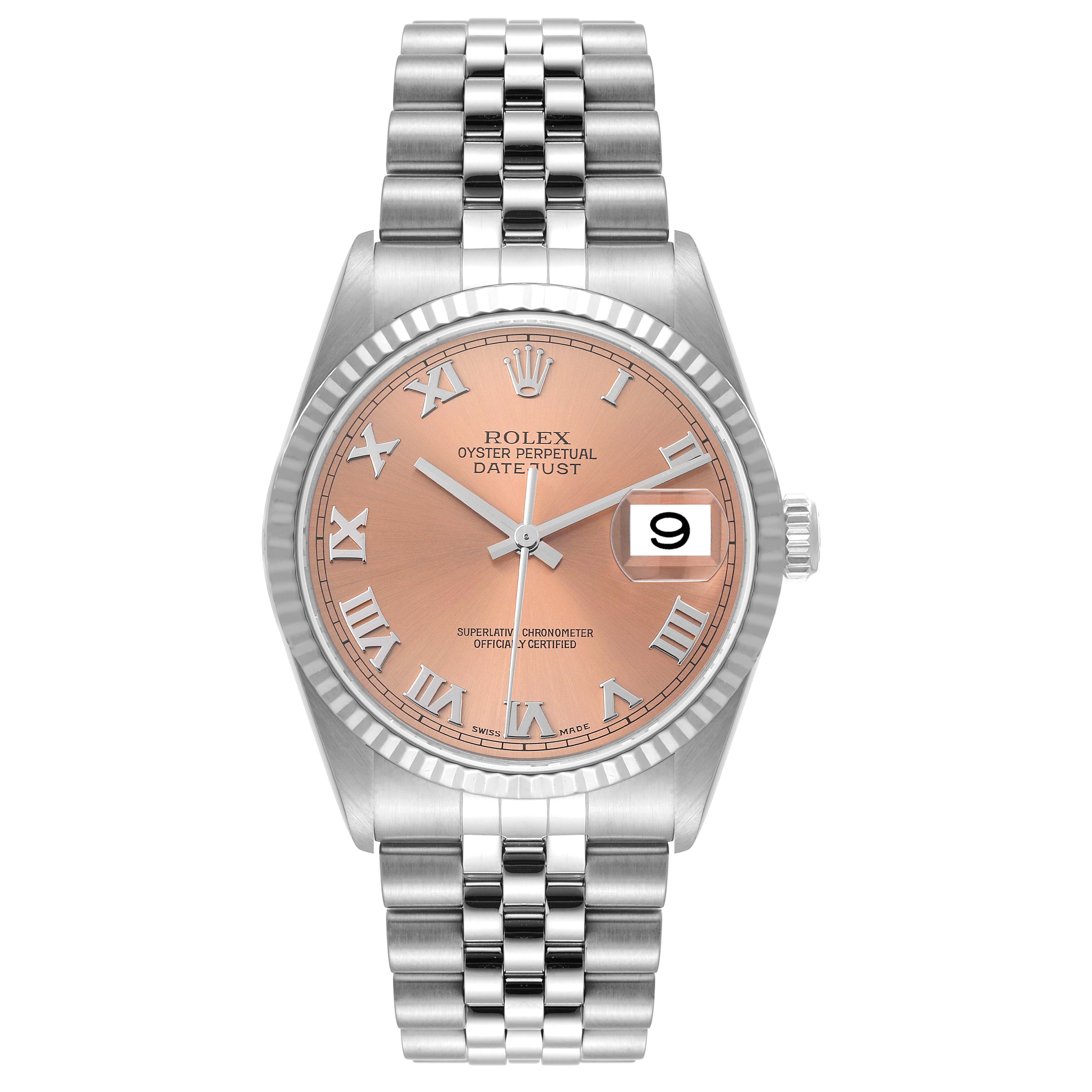 The image shows a Rolex Datejust 16234 Men's Stainless Steel Pink Dial 16234 Men's Stainless Steel Pink Dial watch with a pink dial, Roman numerals, and a date display, viewed from the front.