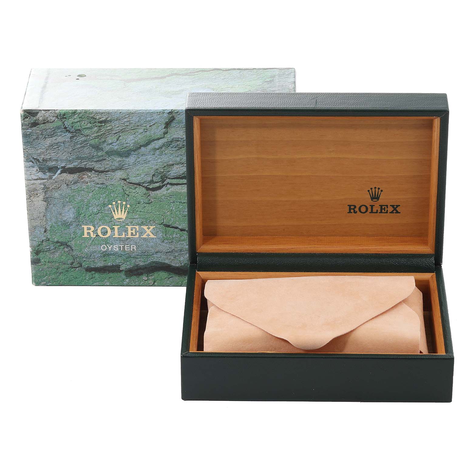 The image shows a Rolex Datejust 16234 Men's Stainless Steel Pink Dial 16234 Men's Stainless Steel Pink Dial box and watch case angled from the front with the lid open, revealing a sleeve inside.