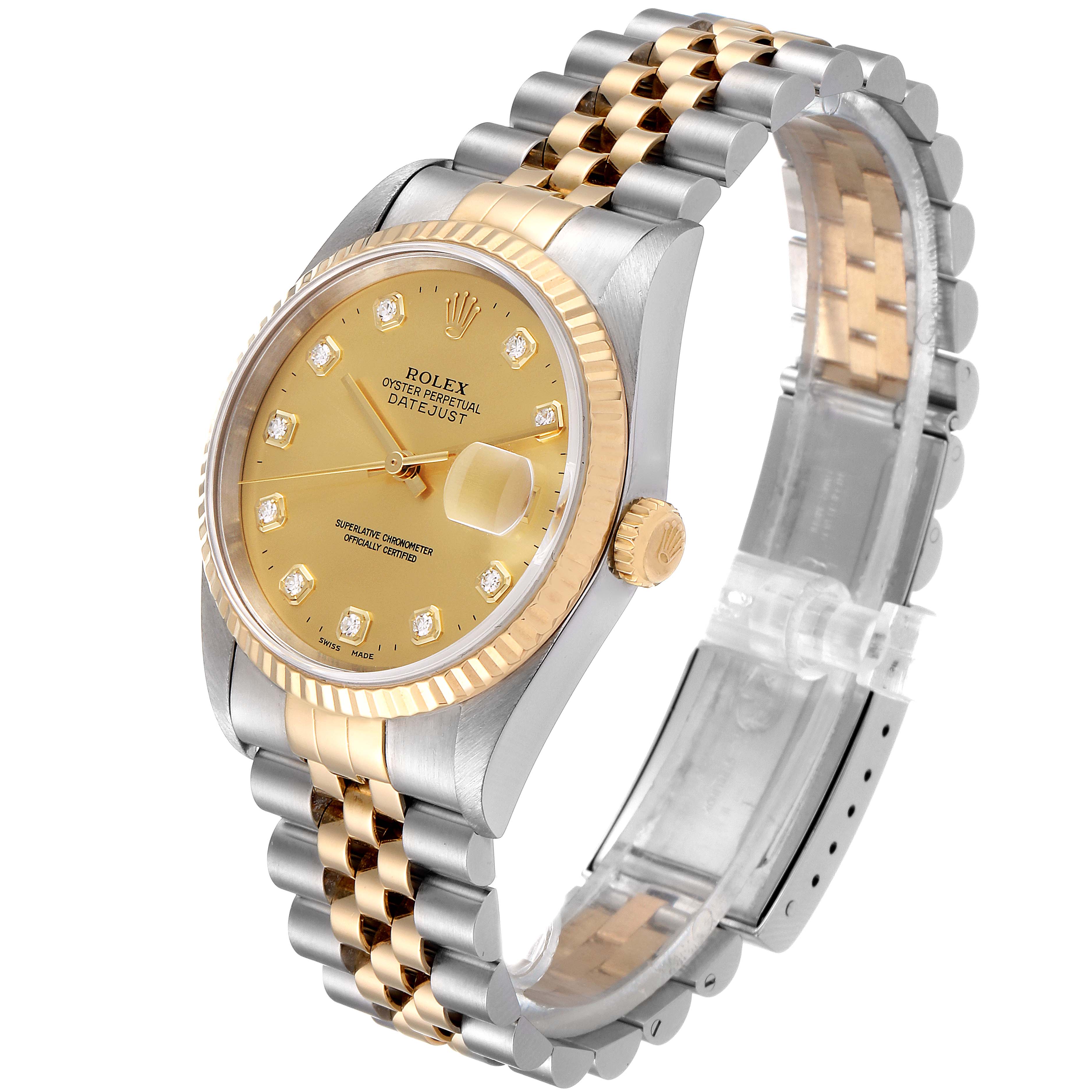 This image shows a Rolex Datejust 16233 Men's Steel and Gold (two tone) Champagne Dial 16233 Men's Steel and Gold (two tone) Champagne Dial watch at a three-quarter angle, highlighting its gold dial, bezel, and two-tone jubilee bracelet.