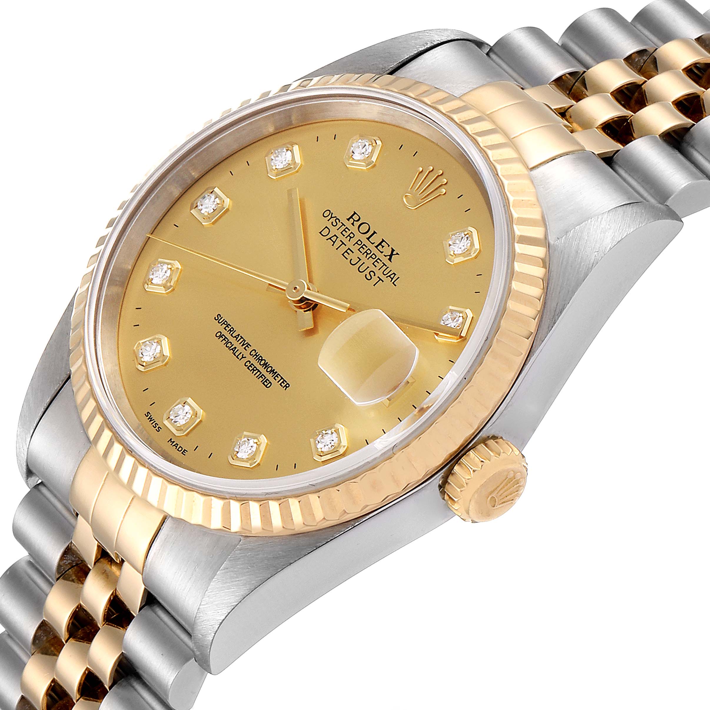 The image shows a close-up of the Rolex Datejust 16233 Men's Steel and Gold (two tone) Champagne Dial 16233 Men's Steel and Gold (two tone) Champagne Dial watch, highlighting its gold dial, fluted bezel, diamond hour markers, and Jubilee bracelet.