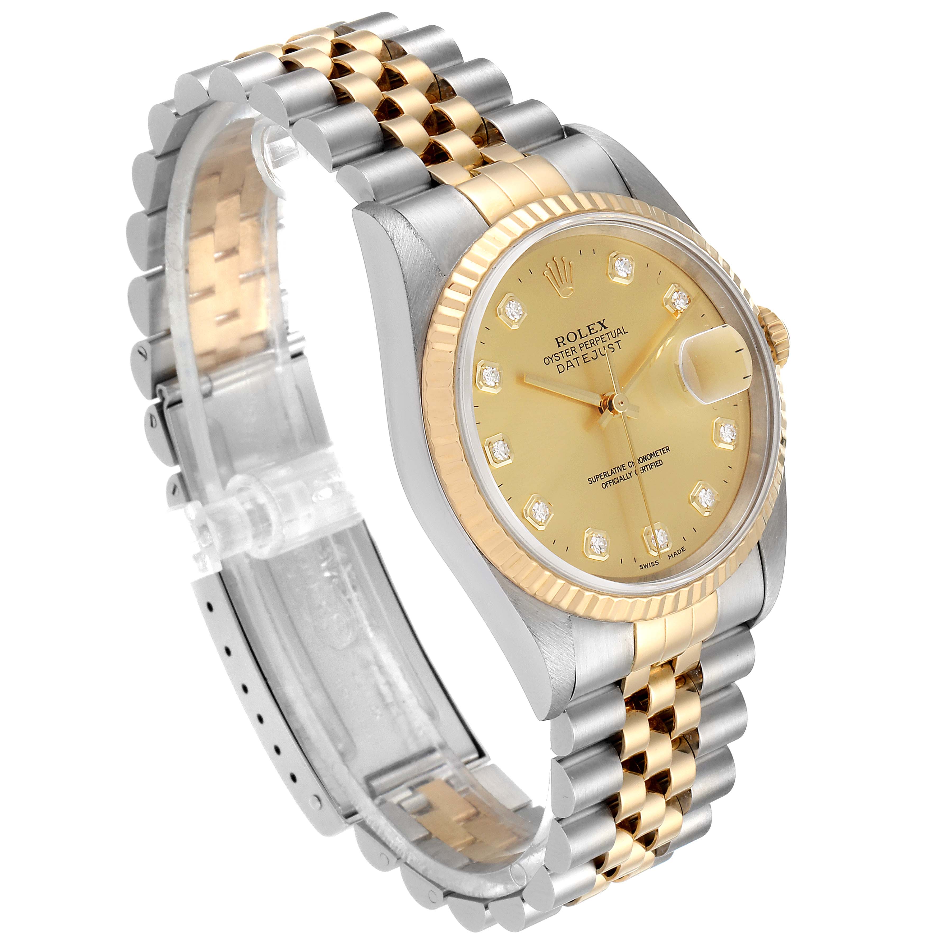 This image shows a Rolex Datejust 16233 Men's Steel and Gold (two tone) Champagne Dial 16233 Men's Steel and Gold (two tone) Champagne Dial watch at a three-quarter angle, highlighting the dial, bezel, and bracelet.