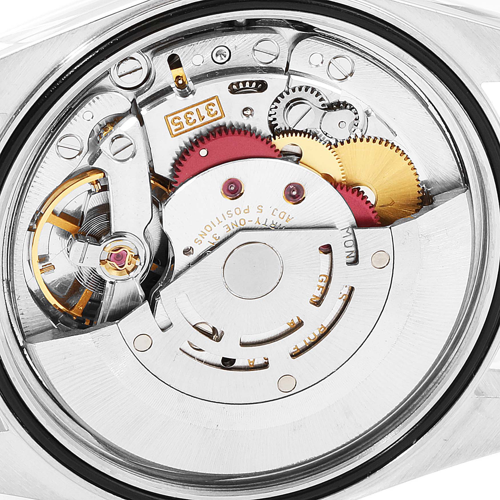 This image shows a close-up view of the internal mechanical movement of a Rolex Datejust 16233 Men's Steel and Gold (two tone) Champagne Dial 16233 Men's Steel and Gold (two tone) Champagne Dial watch.