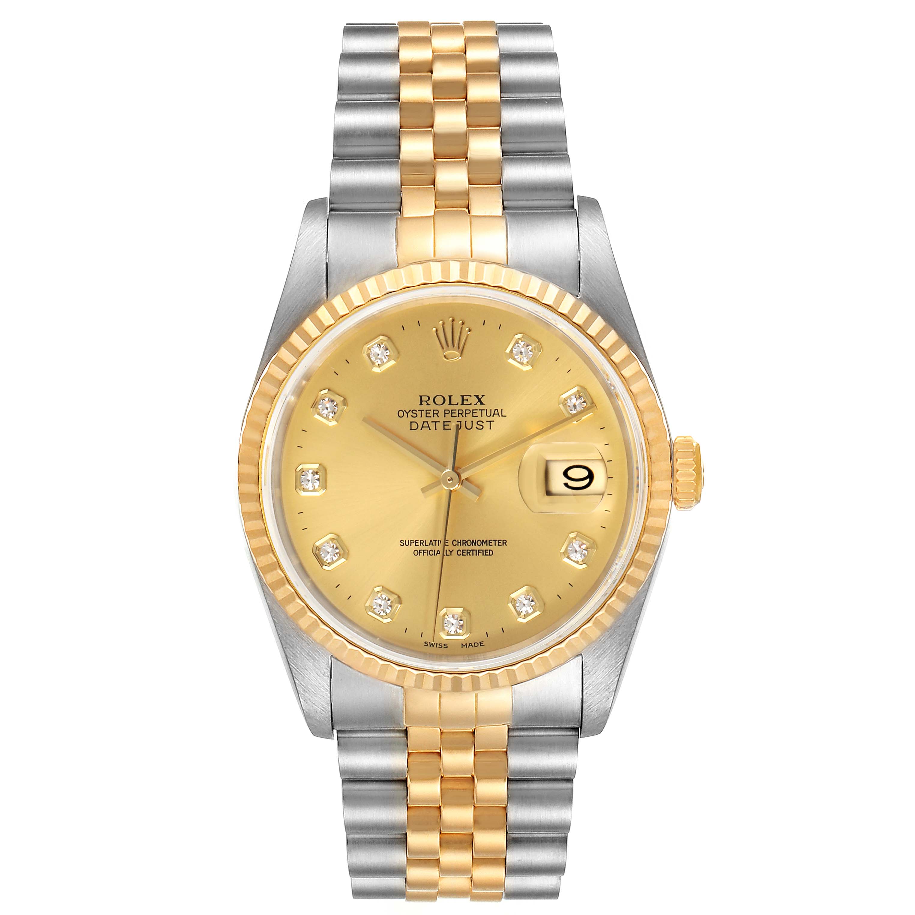 The image shows a front view of a Rolex Datejust 16233 Men's Steel and Gold (two tone) Champagne Dial 16233 Men's Steel and Gold (two tone) Champagne Dial watch, featuring a gold dial, a two-tone bracelet, and a date display at 3 o'clock.