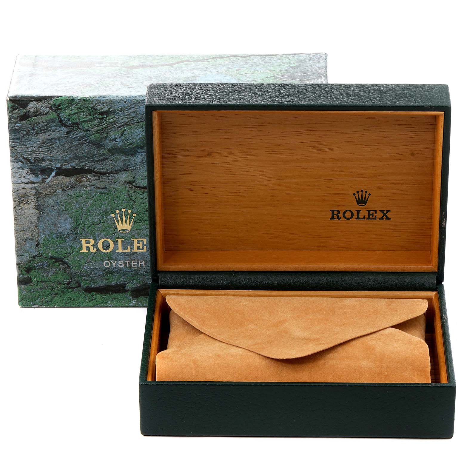 This image shows an open Rolex Datejust 16233 Men's Steel and Gold (two tone) Champagne Dial 16233 Men's Steel and Gold (two tone) Champagne Dial watch box and its exterior packaging.