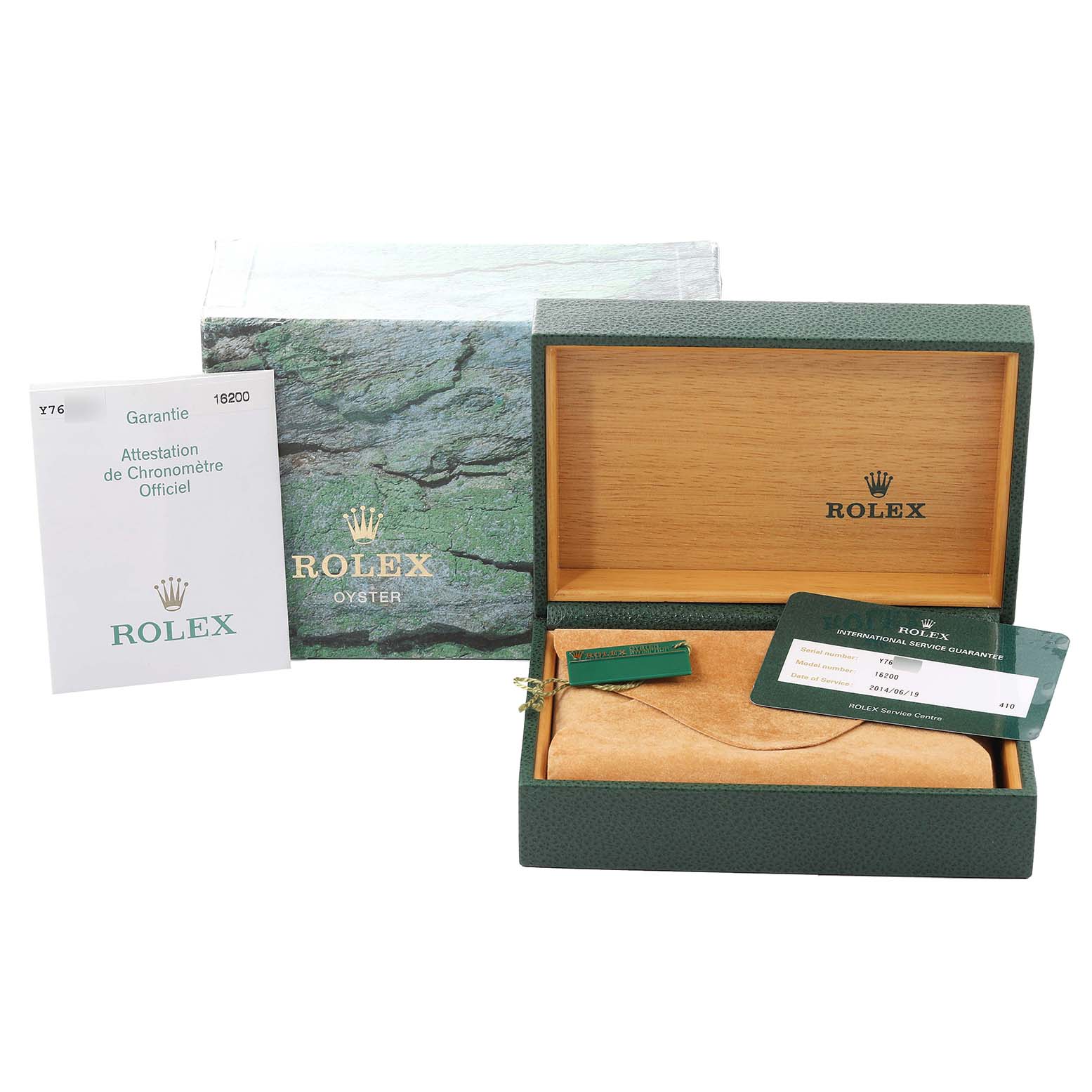 The image shows a Rolex Datejust 16200 Men's Stainless Steel Black Dial 16200 Men's Stainless Steel Black Dial box, warranty card, certificate, and tag from a front angle.