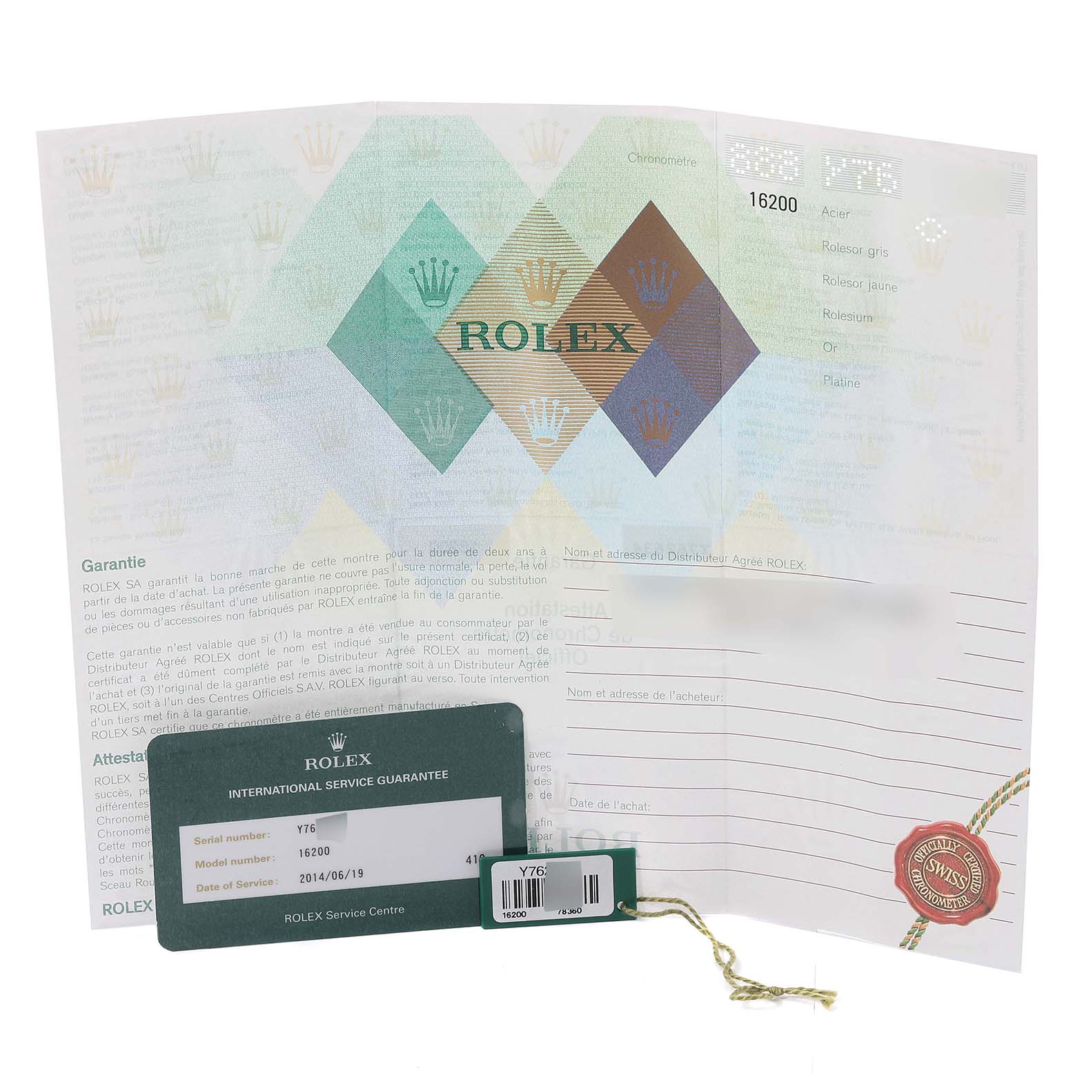 The image shows warranty papers and an international service guarantee card for a Rolex Datejust 16200 Men's Stainless Steel Black Dial 16200 Men's Stainless Steel Black Dial model.