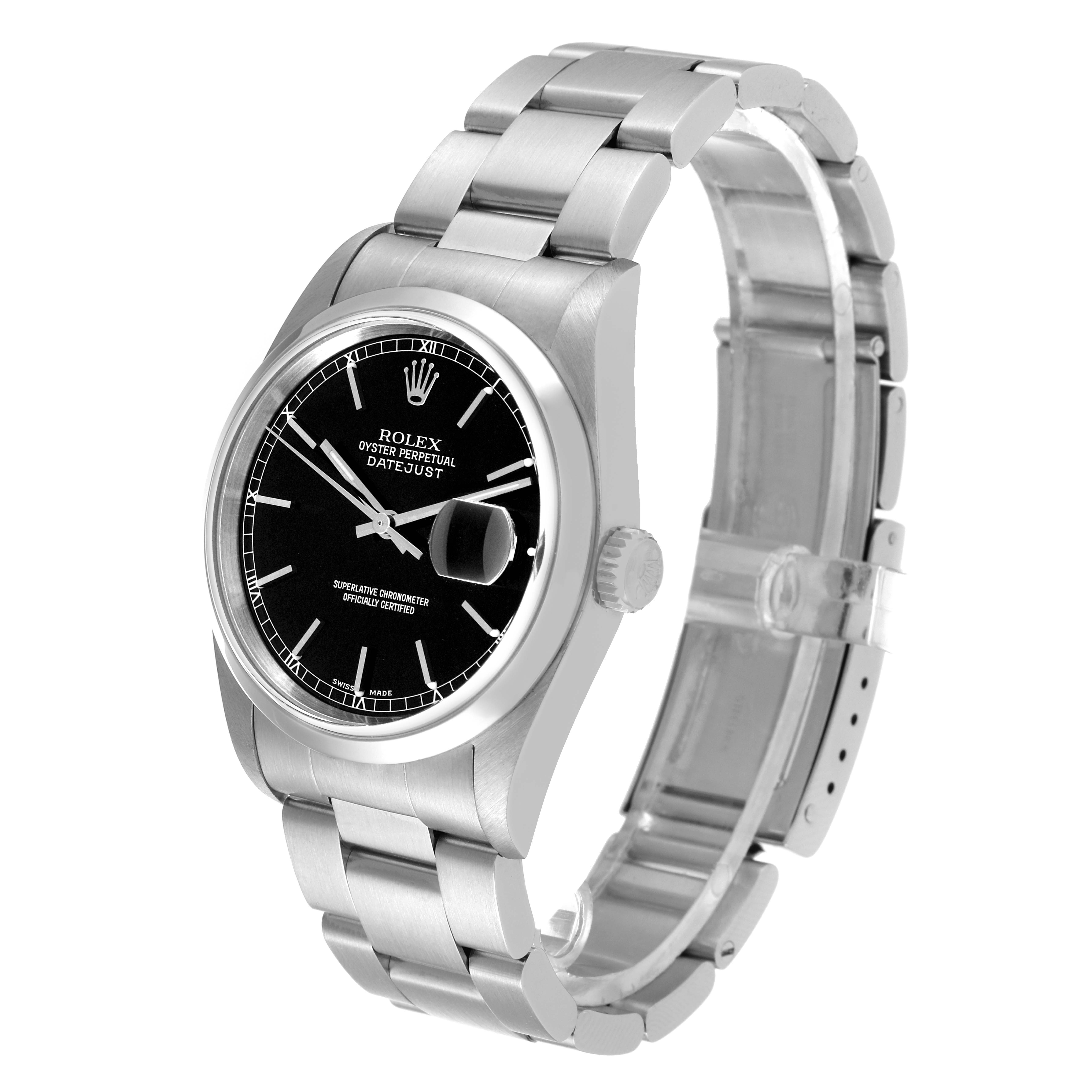 The image shows a Rolex Datejust 16200 Men's Stainless Steel Black Dial 16200 Men's Stainless Steel Black Dial watch from a front-left angle, displaying its face, crown, and bracelet.