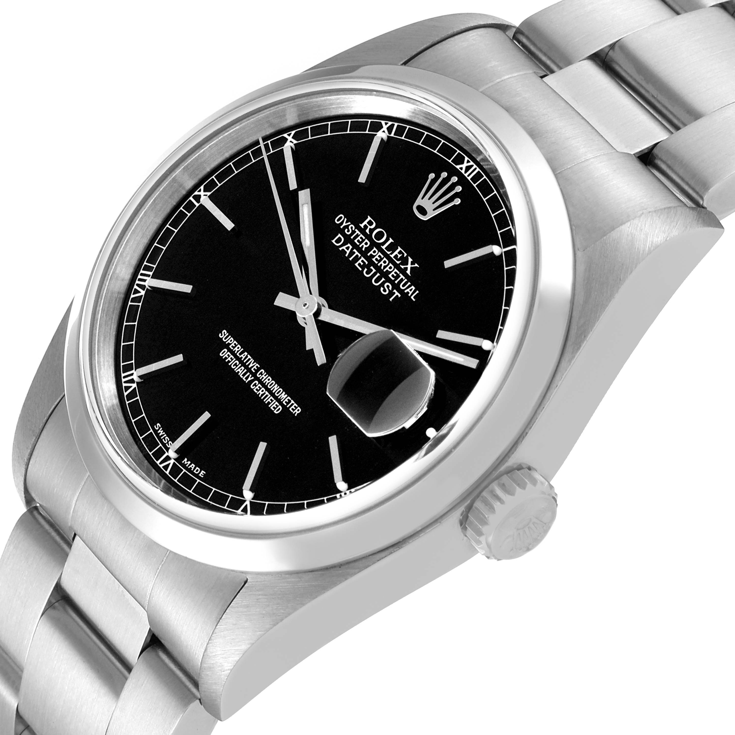 This image shows a Rolex Datejust 16200 Men's Stainless Steel Black Dial 16200 Men's Stainless Steel Black Dial watch angled slightly from the top, highlighting the black dial, bracelet, bezel, and crown.