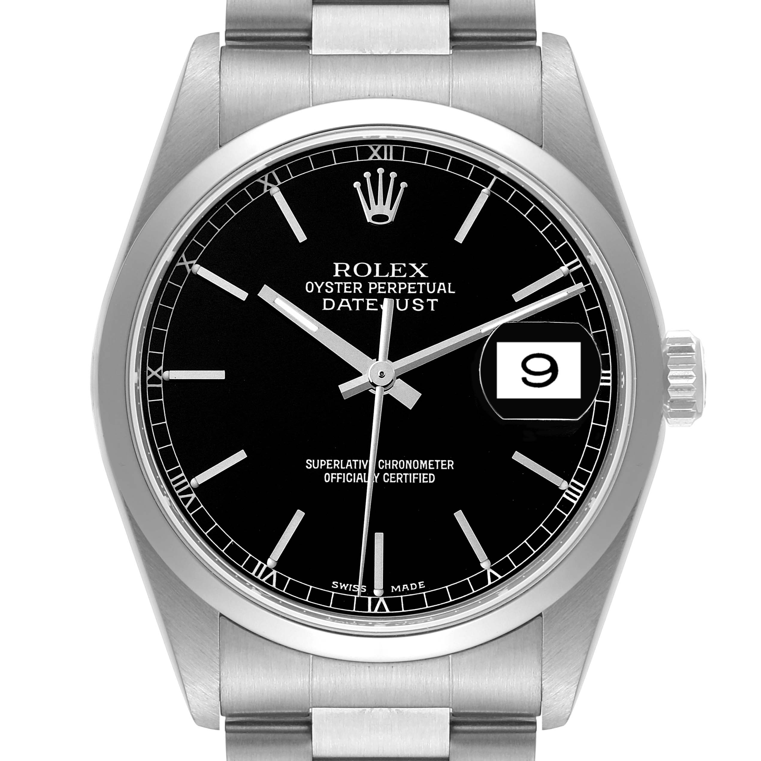 This image shows a front view of a Rolex Datejust 16200 Men's Stainless Steel Black Dial 16200 Men's Stainless Steel Black Dial watch, featuring the dial, bezel, case, and part of the bracelet.
