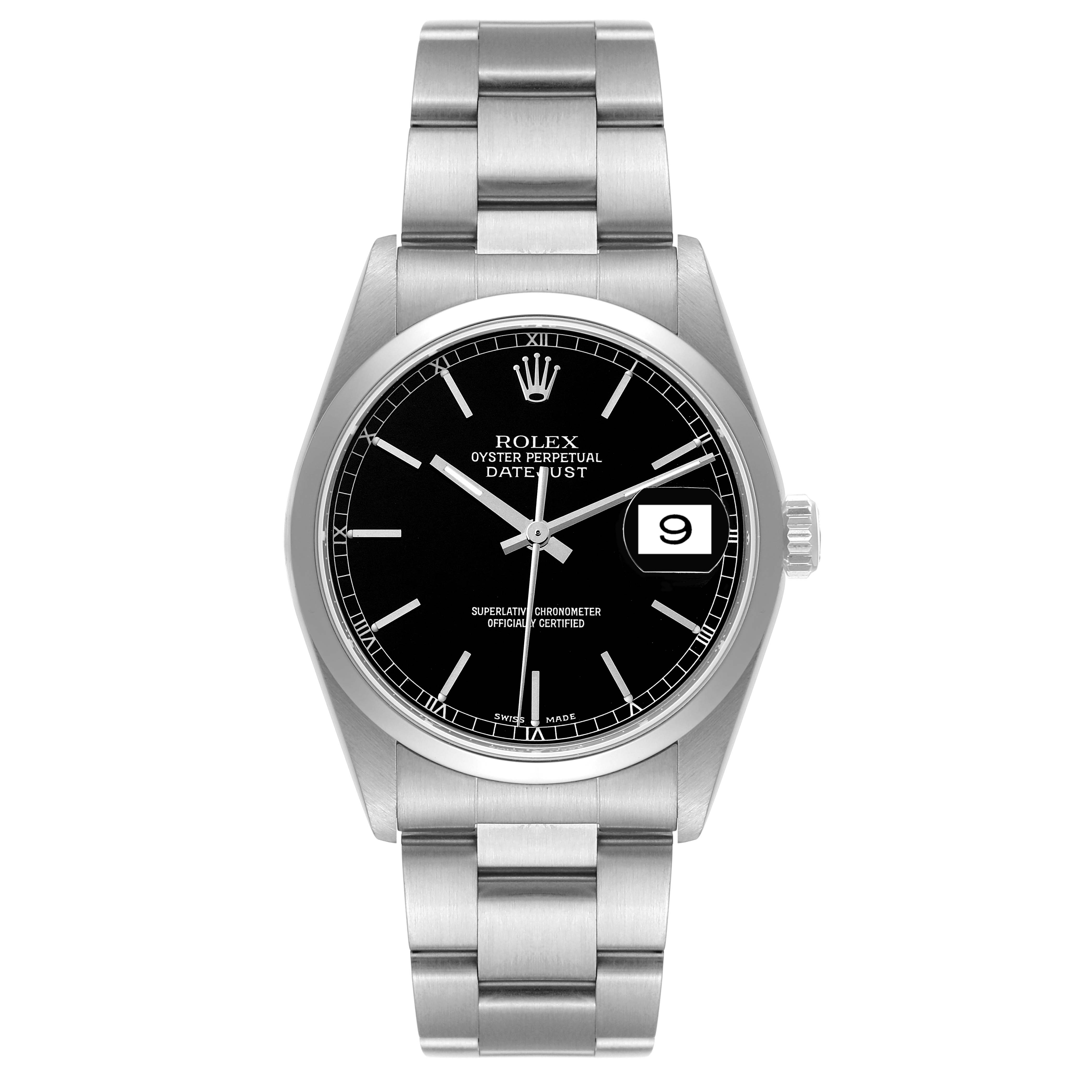 This is a front view of a Rolex Datejust 16200 Men's Stainless Steel Black Dial 16200 Men's Stainless Steel Black Dial watch, showing the face, bracelet, hands, and date window.