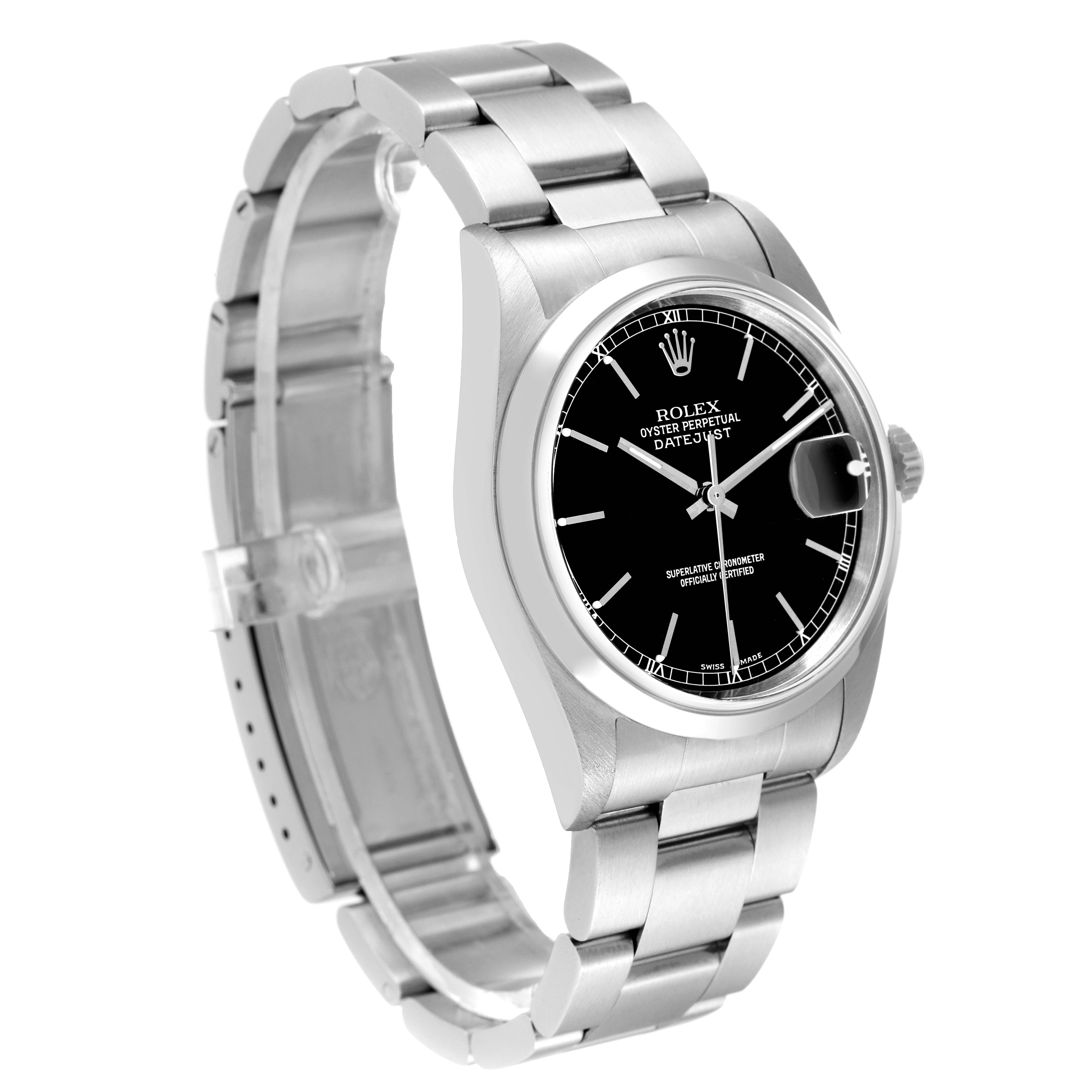 This image displays a Rolex Datejust 16200 Men's Stainless Steel Black Dial 16200 Men's Stainless Steel Black Dial watch at a three-quarter angle, showcasing its black dial, stainless steel bracelet, and case.