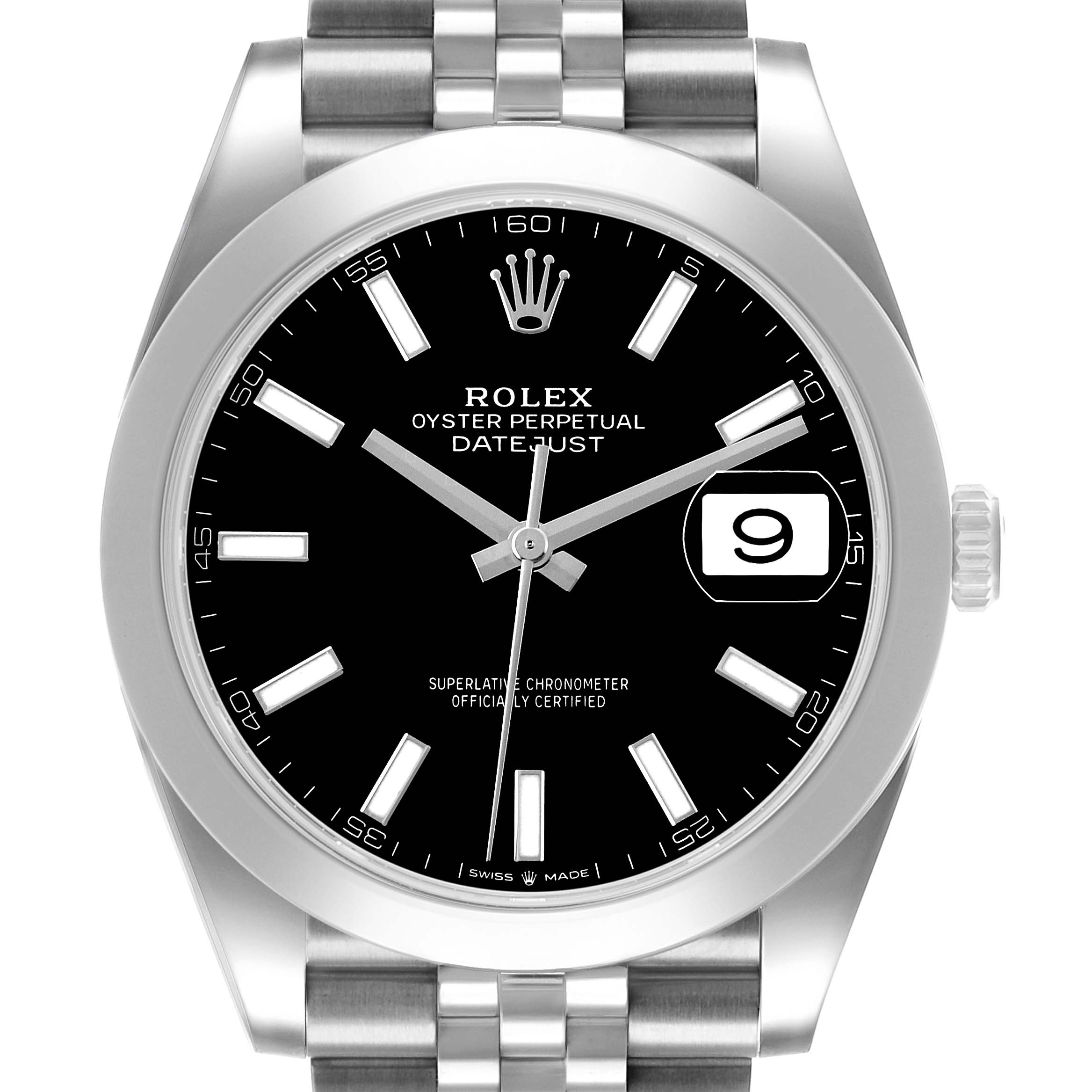 The Rolex Datejust 41 126300 Men's Stainless Steel Black Dial is shown from a frontal angle, highlighting the black dial, date window, and Jubilee bracelet.