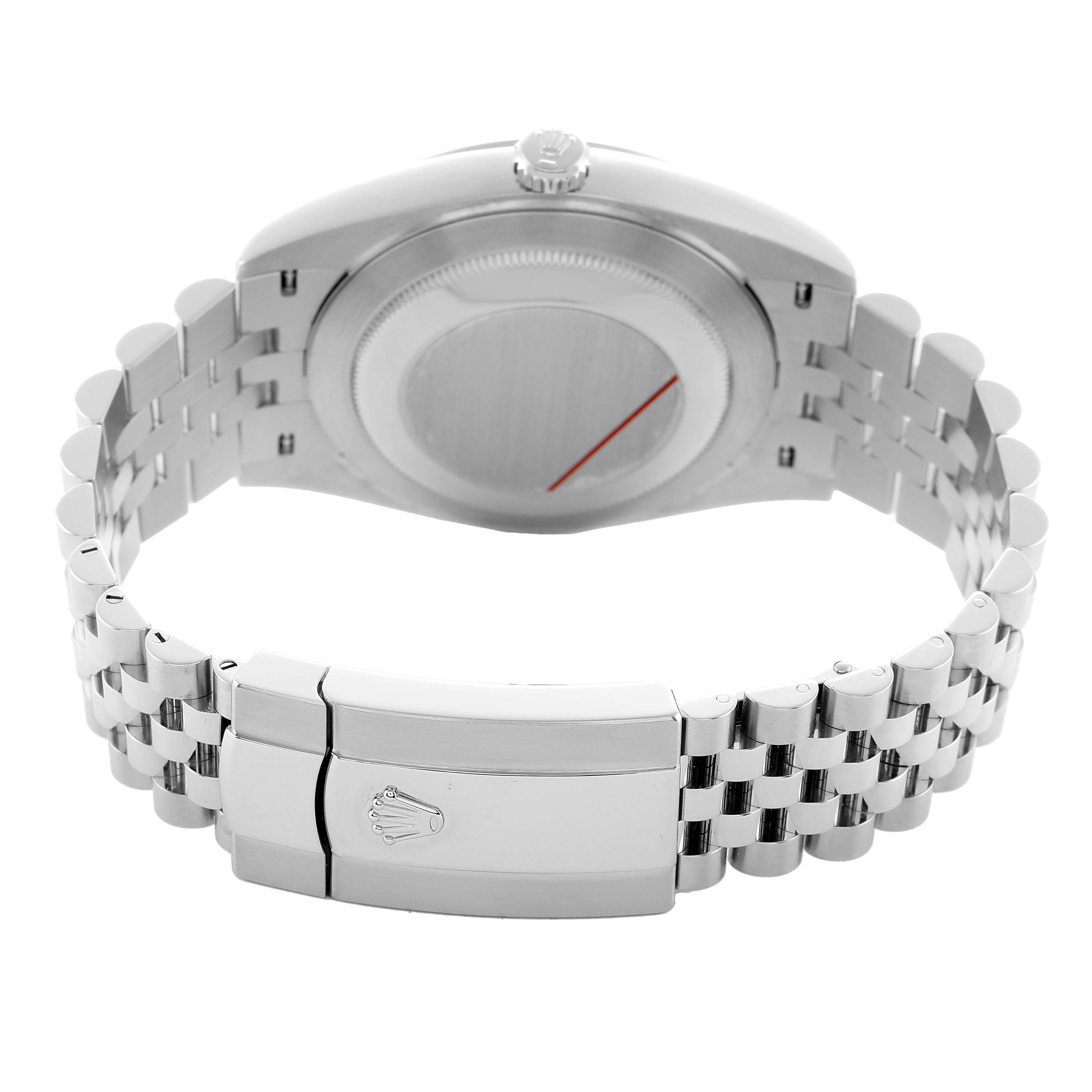 The image shows the back of a Rolex Datejust 41 126300 Men's Stainless Steel Black Dial, focusing on the case back, crown, and Jubilee bracelet with the clasp.