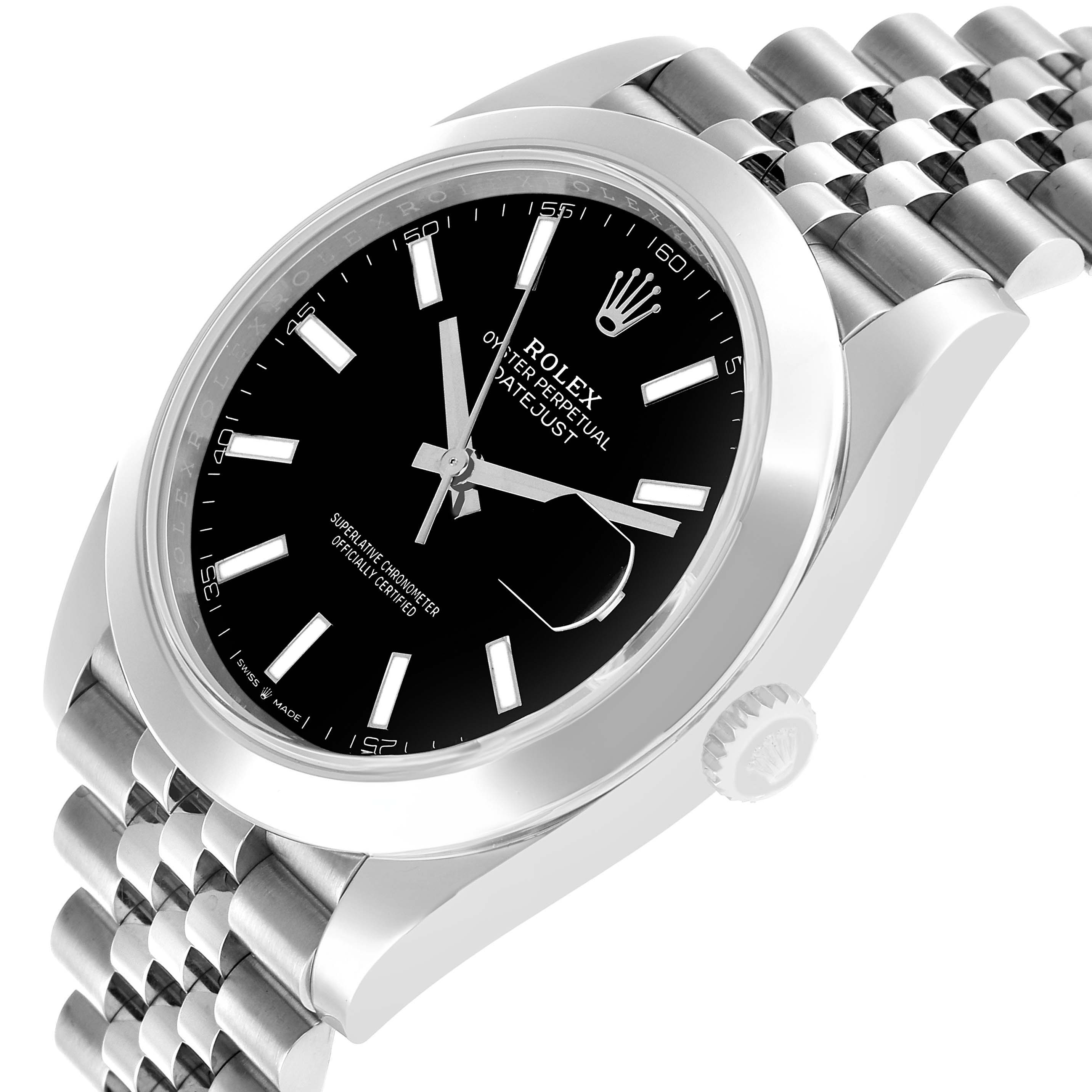 The Rolex Datejust 41 126300 Men's Stainless Steel Black Dial watch is shown from a low angle, highlighting the dial, bezel, crown, and part of the bracelet.