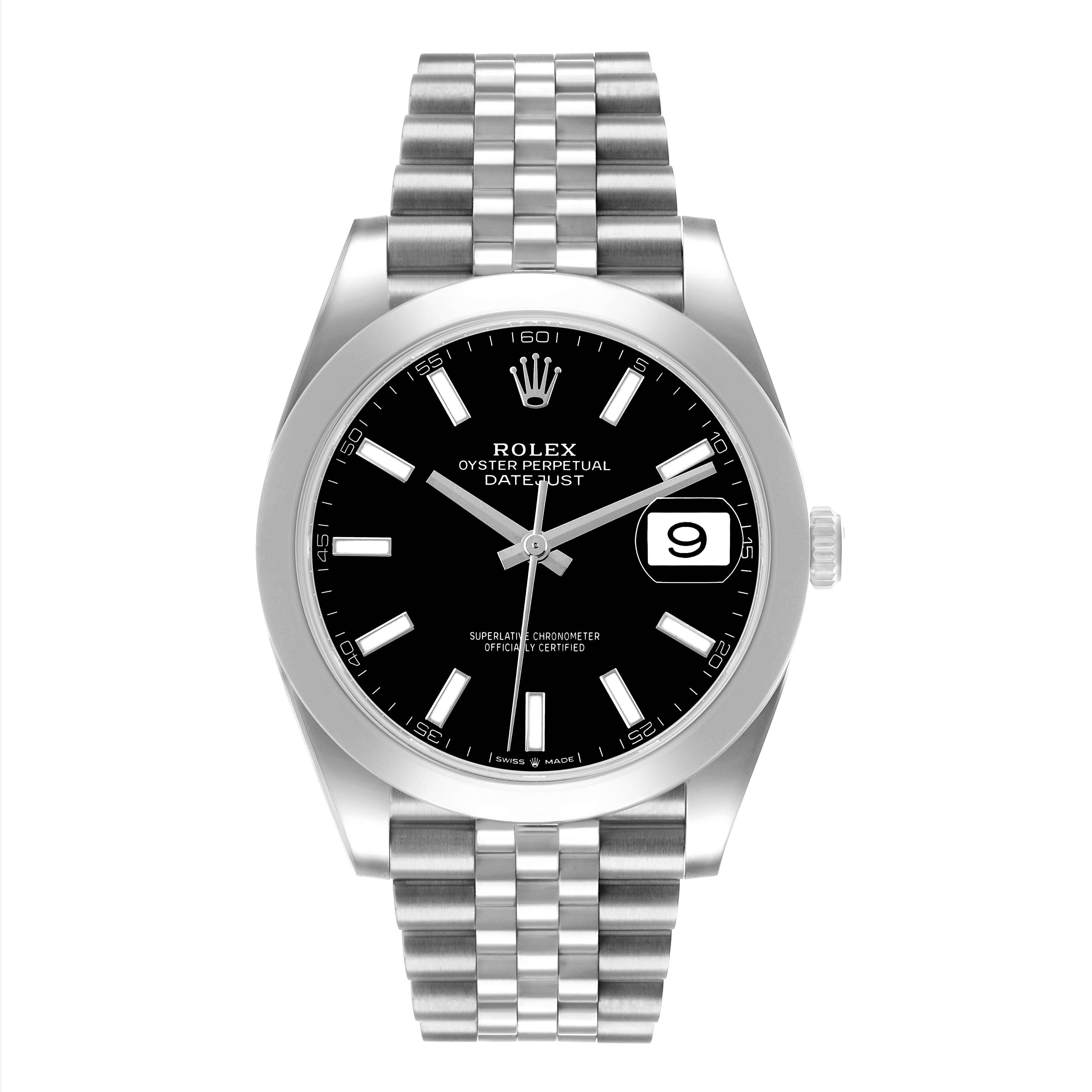 The Rolex Datejust 41 126300 Men's Stainless Steel Black Dial watch is shown from a front view, highlighting its dial, bezel, bracelet, and crown.