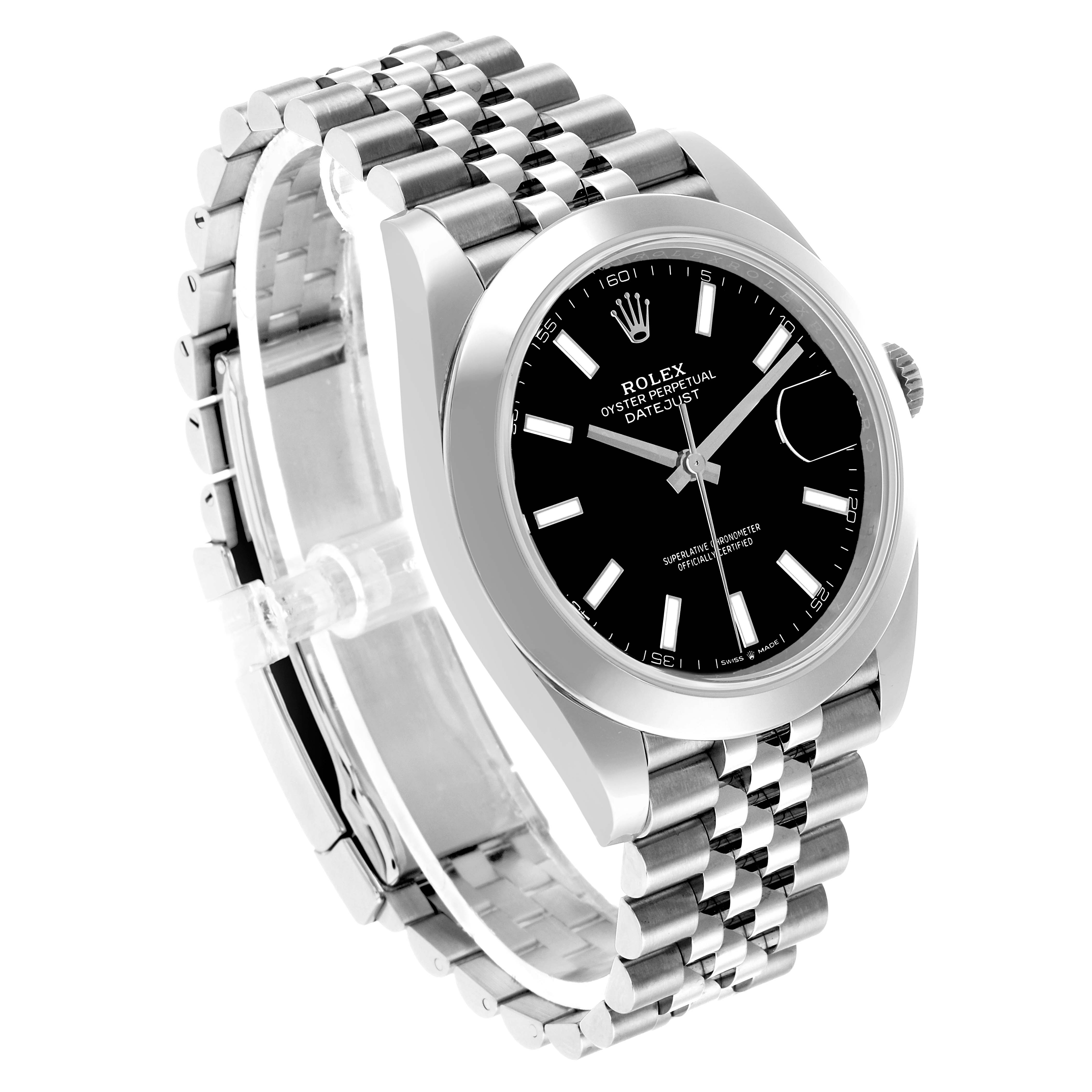 The Rolex Datejust 41 126300 Men's Stainless Steel Black Dial is shown at a slight side angle, highlighting the bracelet, dial, and bezel.