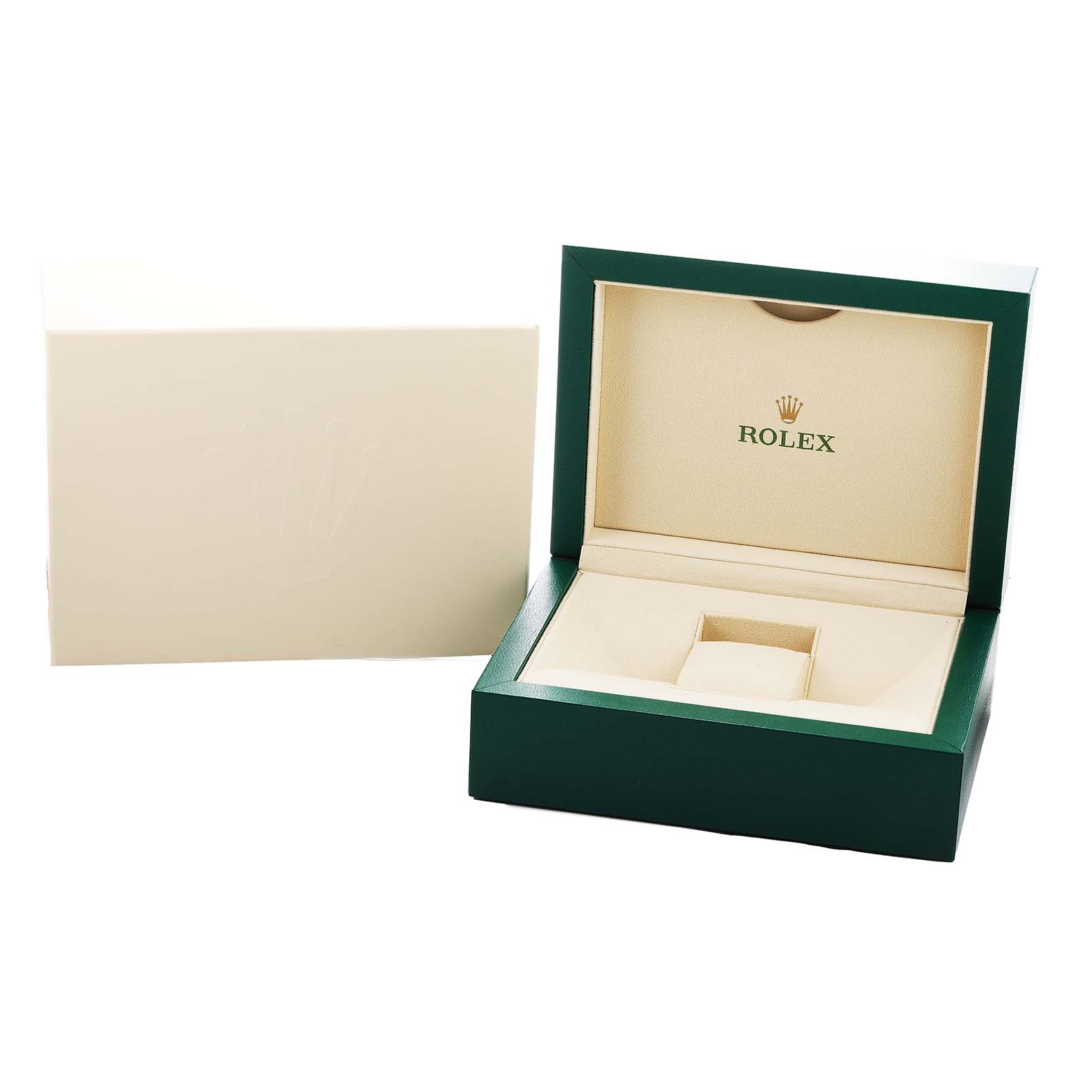 The image shows a Rolex Datejust 41 126300 Men's Stainless Steel Black Dial packaging box, open at an angle displaying the interior and the outer sleeve.