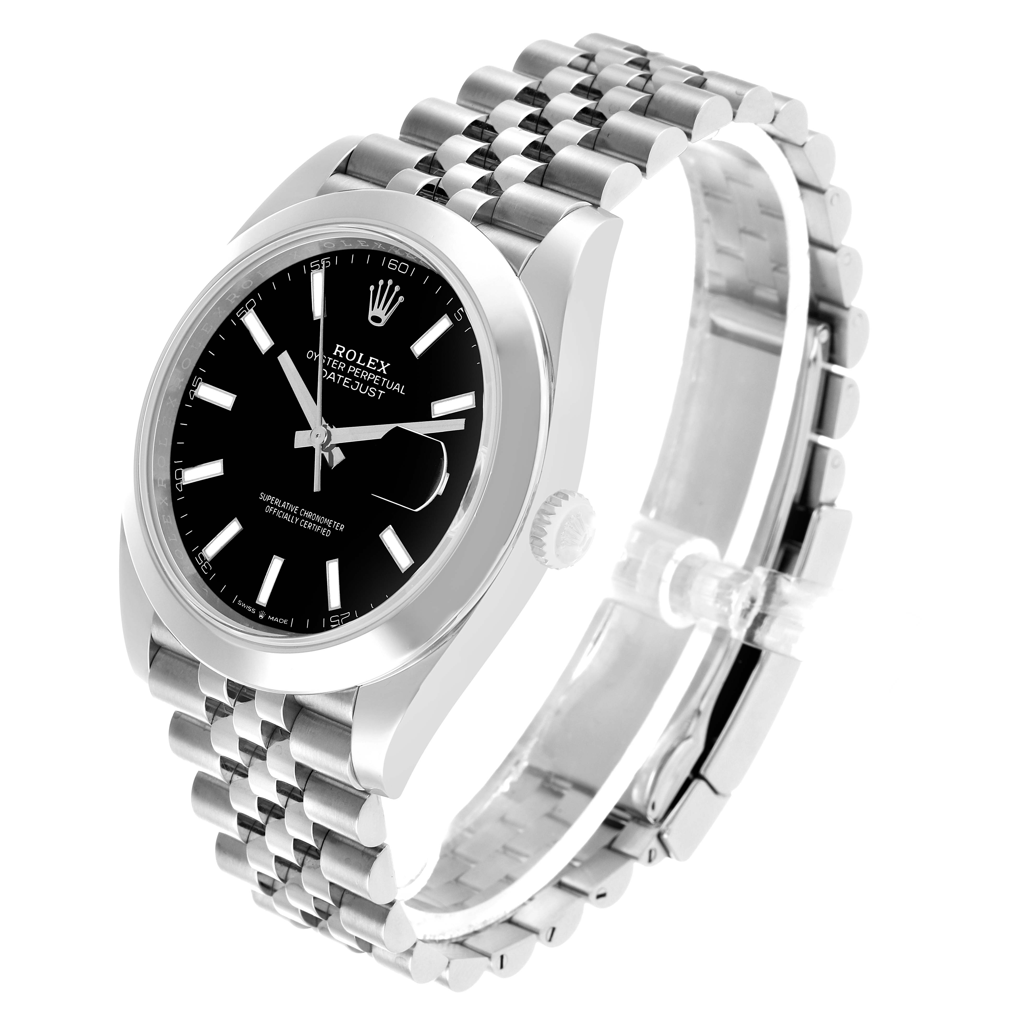 This Rolex Datejust 41 126300 Men's Stainless Steel Black Dial is shown at a three-quarter angle, highlighting the black dial, Jubilee bracelet, and fluted bezel.