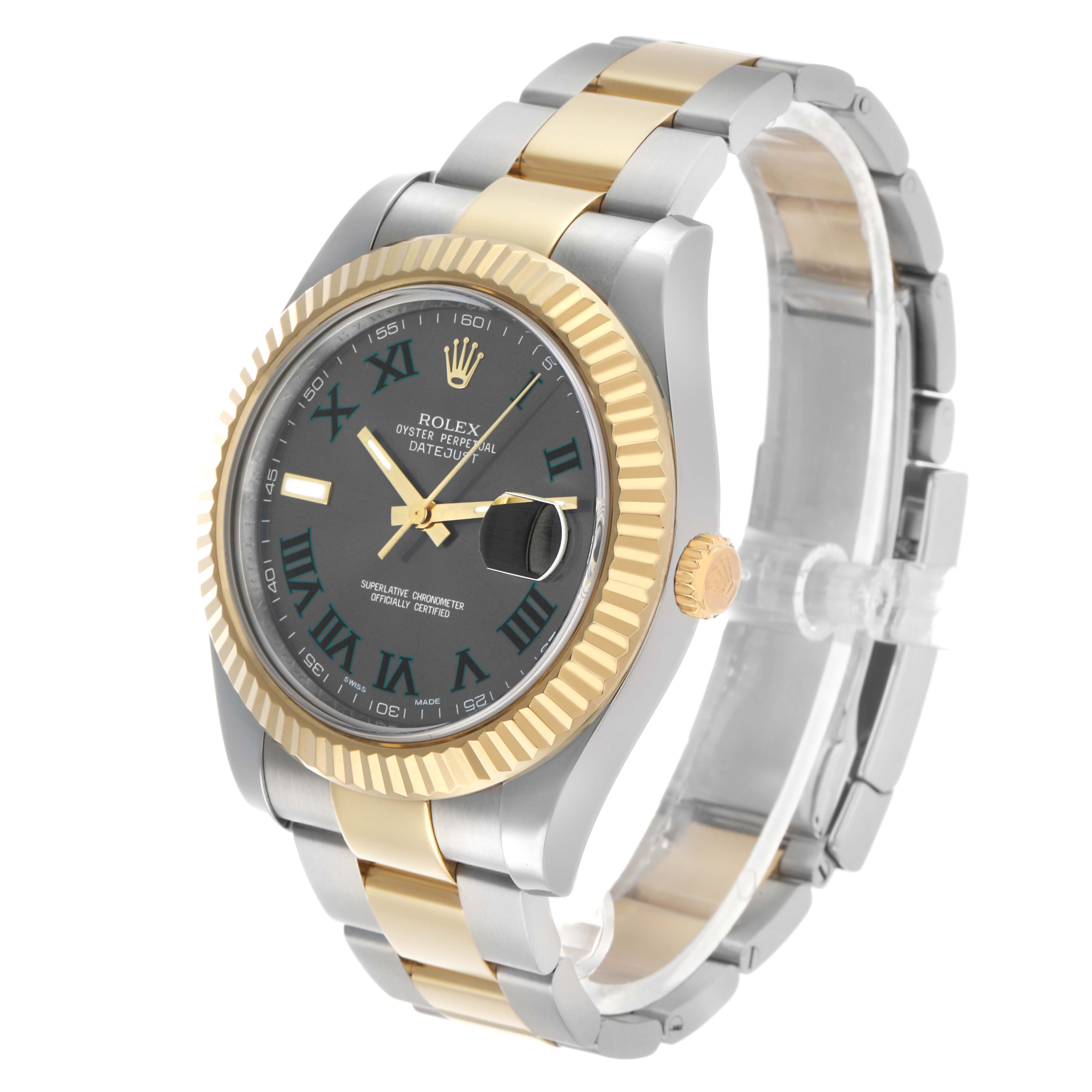 The Rolex Datejust 41 116333 Men's Steel and Gold (two tone) Grey Dial is shown at a slight angle, highlighting the face, fluted bezel, and two-tone bracelet.